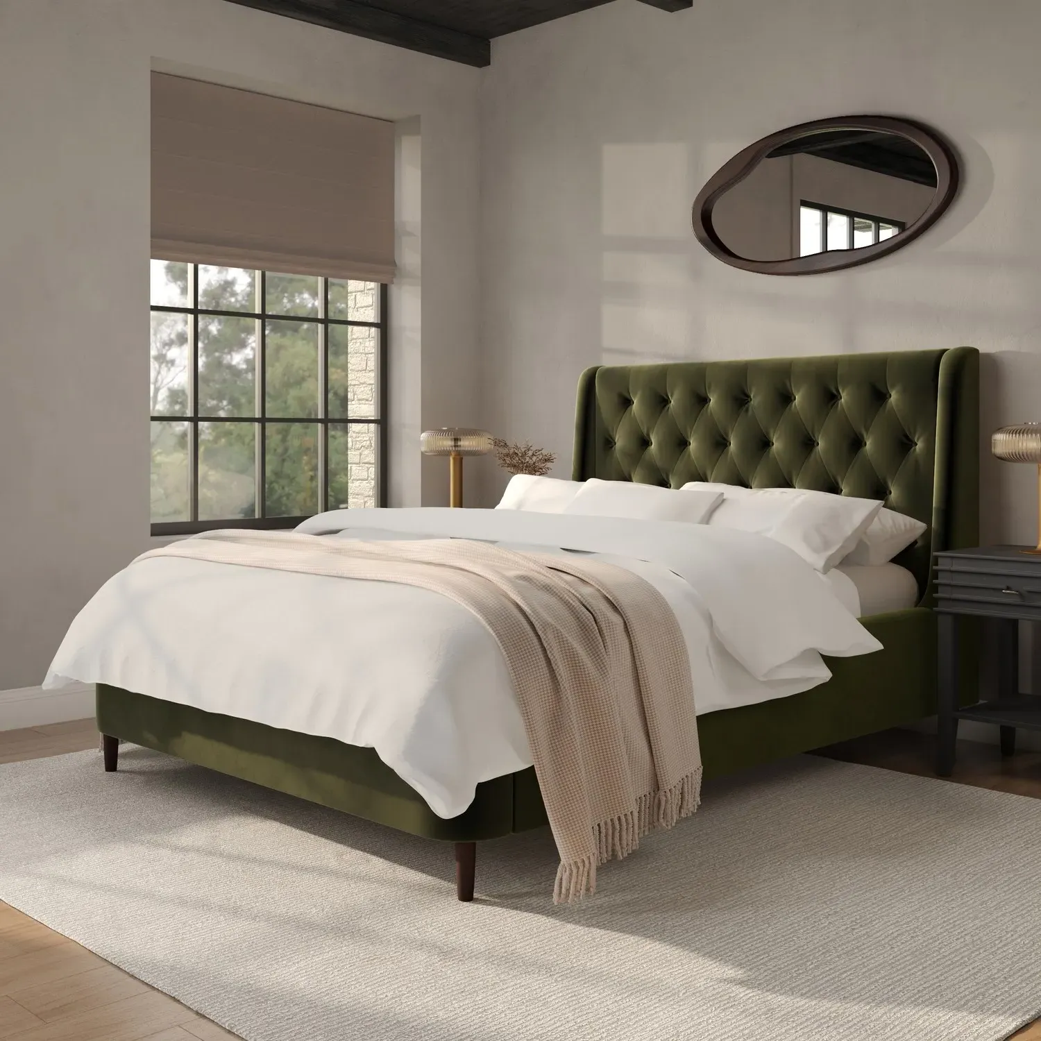 Double Ottoman Bed with Storage - Green, Velvet