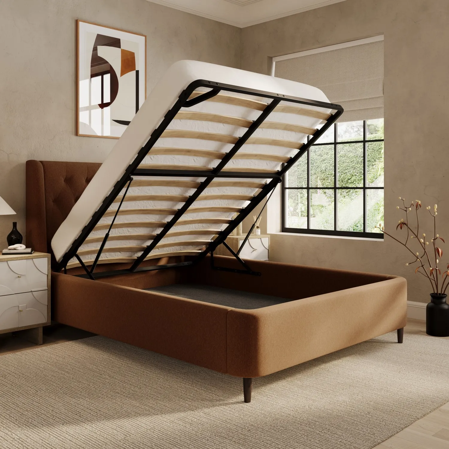 Double Ottoman Bed with Storage - Orange, Chenille