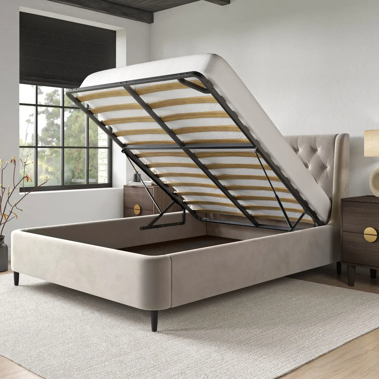 King Size Ottoman Bed with Storage - Beige, Velvet