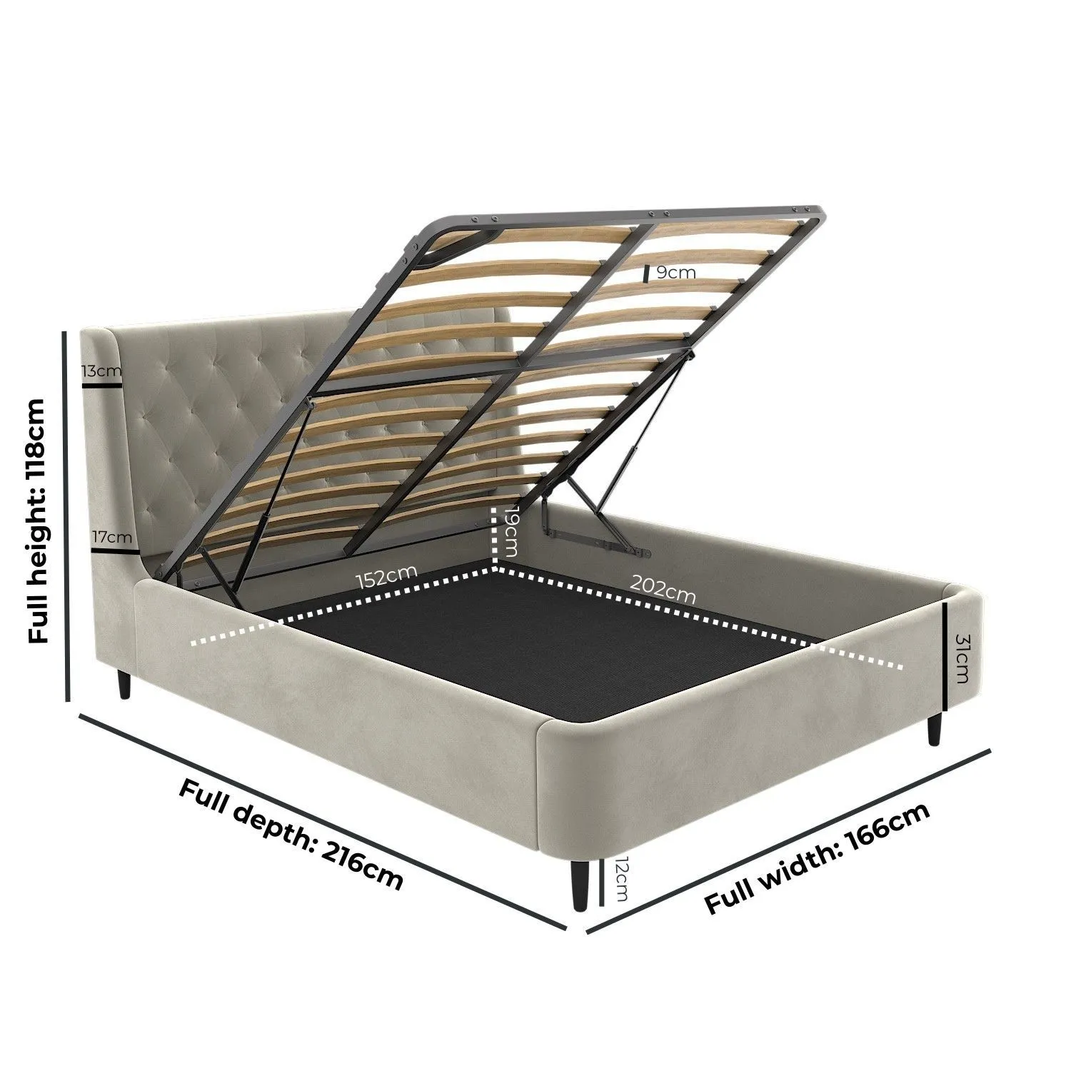 King Size Ottoman Bed with Storage - Beige, Velvet