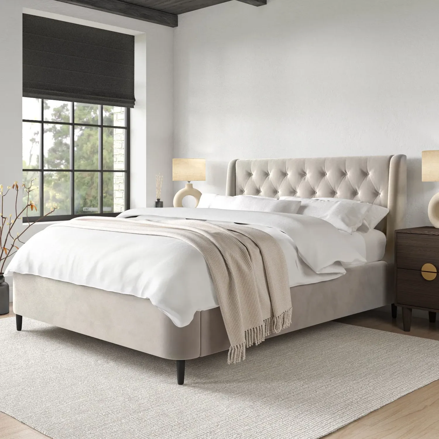 King Size Ottoman Bed with Storage - Beige, Velvet