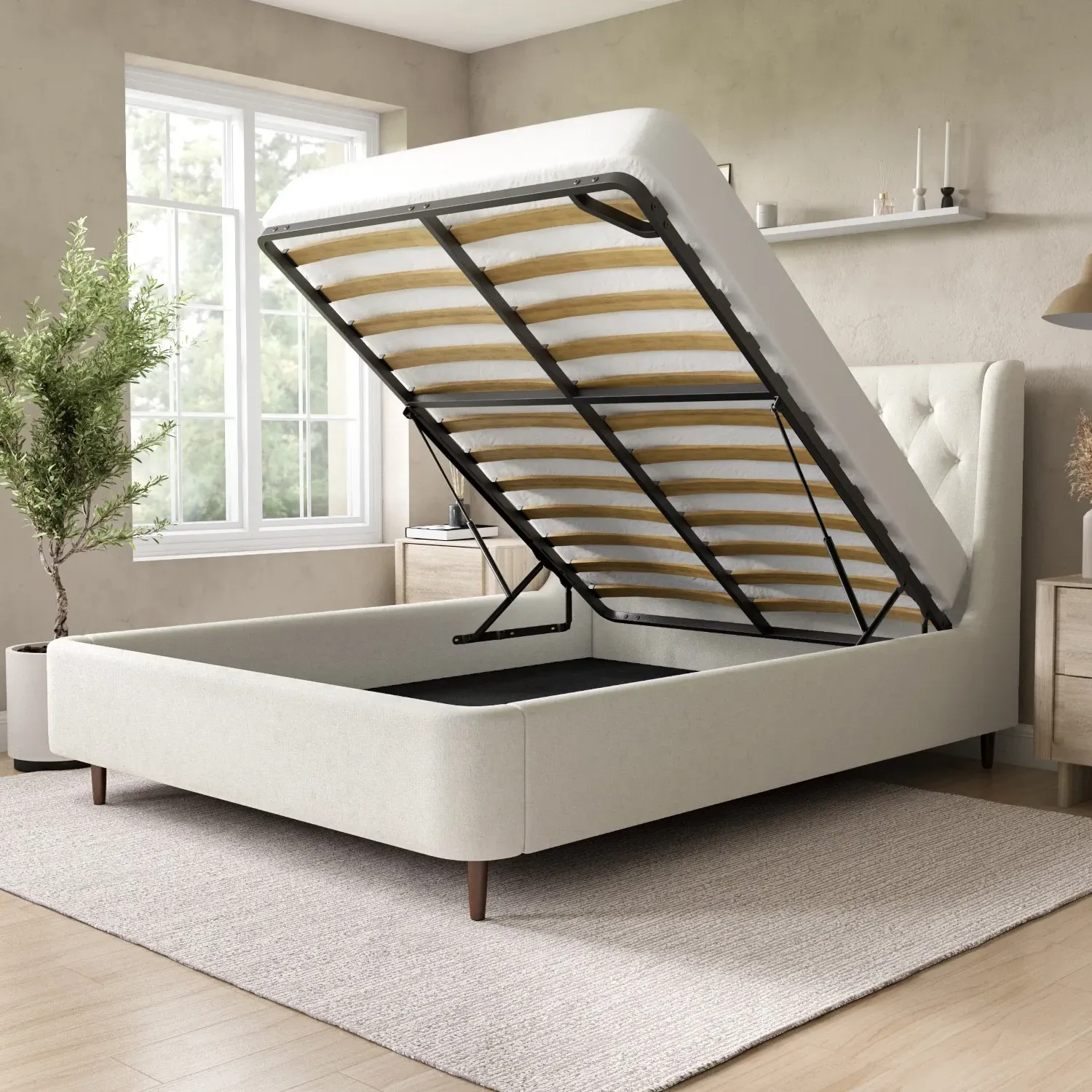 King Size Ottoman Bed with Storage - Cream, Woven