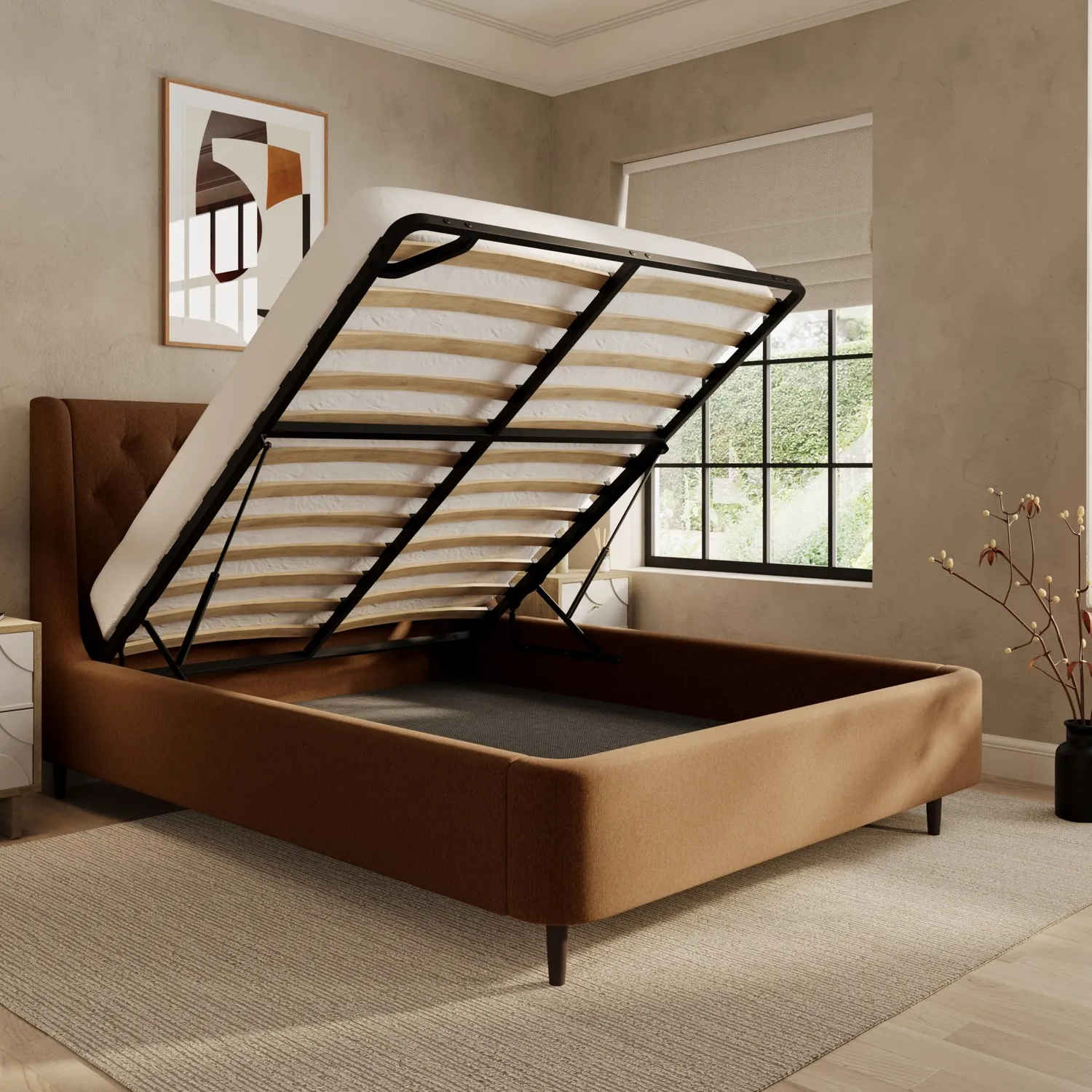 King Size Ottoman Bed with Storage - Orange, Chenille