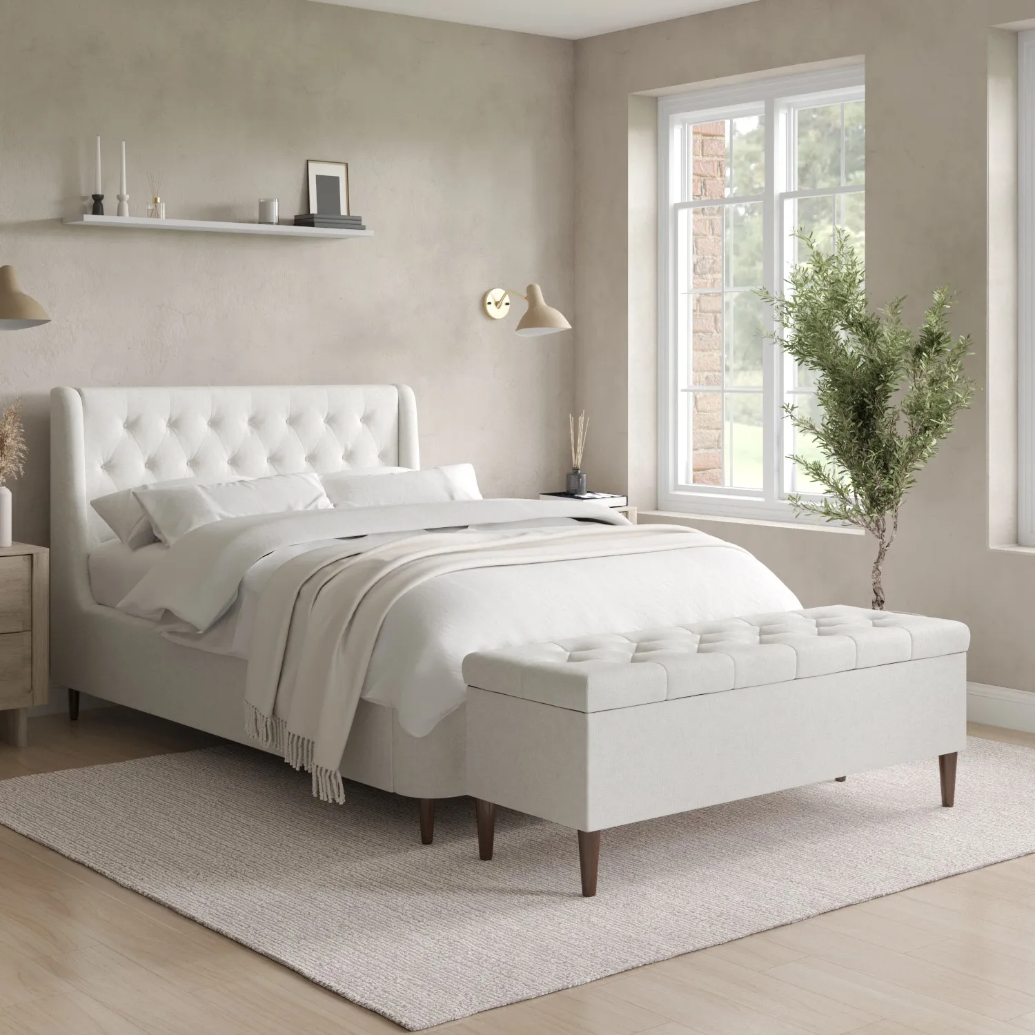 Small Double Ottoman Bed with Storage - Cream, Fabric