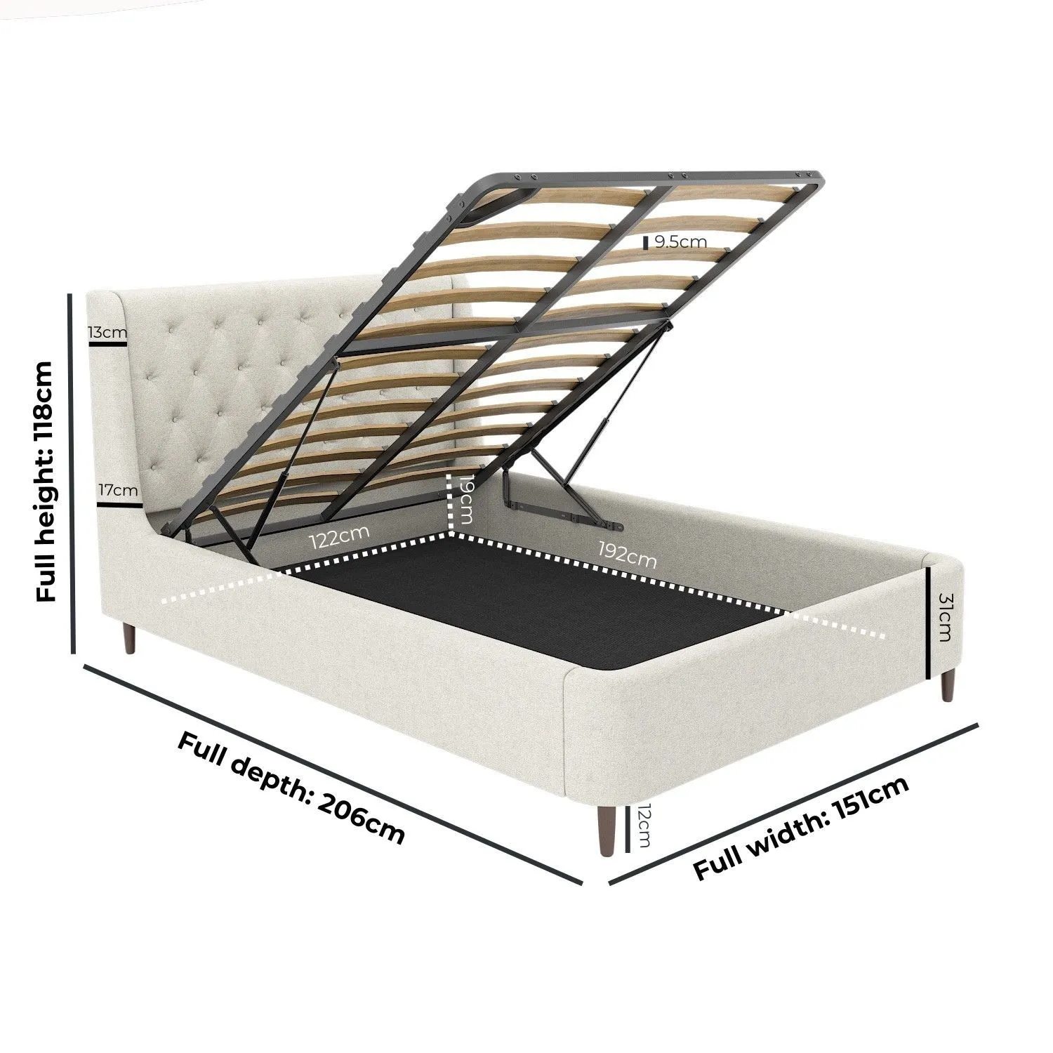 Small Double Ottoman Bed with Storage - Cream, Fabric
