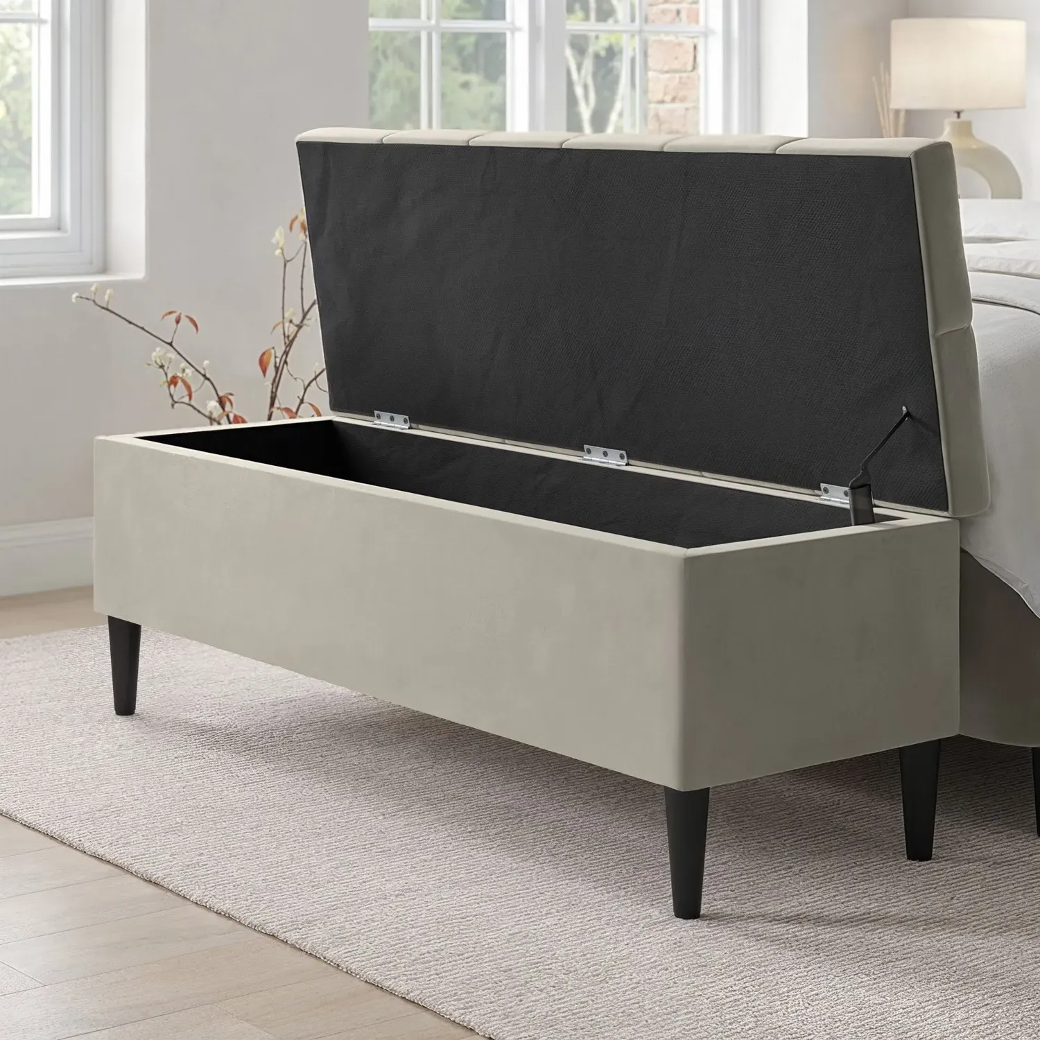 Storage Ottoman with Cushioned Top - Beige, Velvet