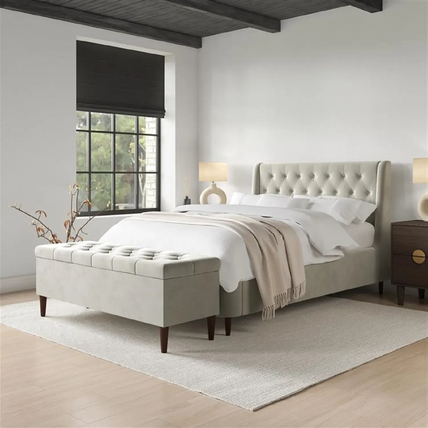 Storage Ottoman with Cushioned Top - Beige, Velvet
