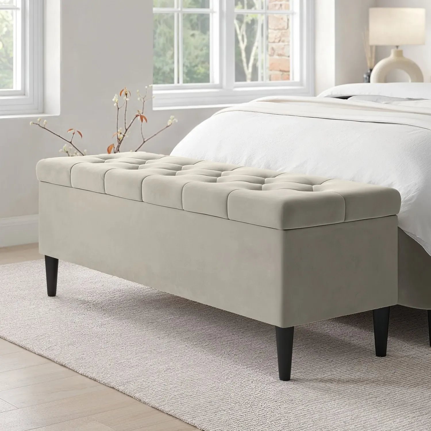 Storage Ottoman with Cushioned Top - Beige, Velvet image