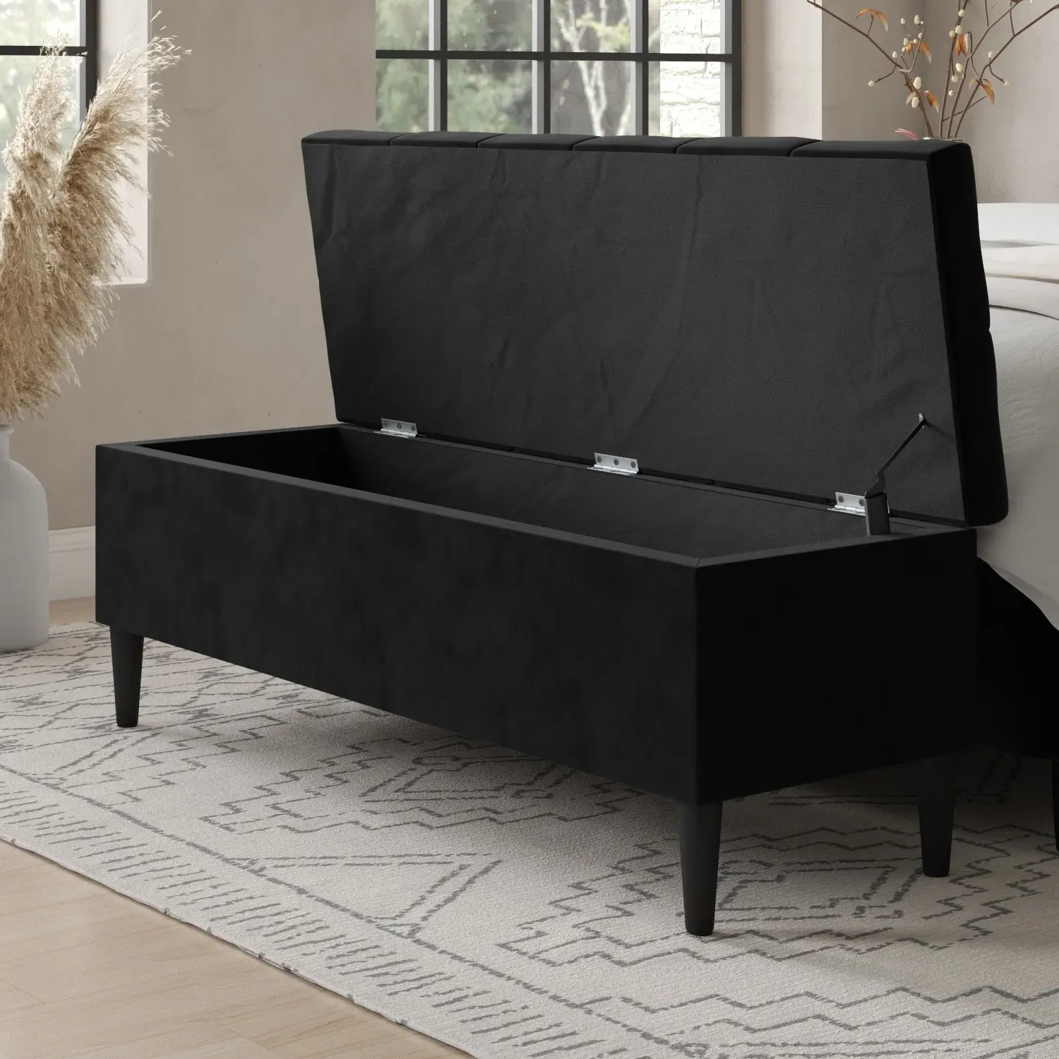 Storage Ottoman with Cushioned Top - Black, Velvet