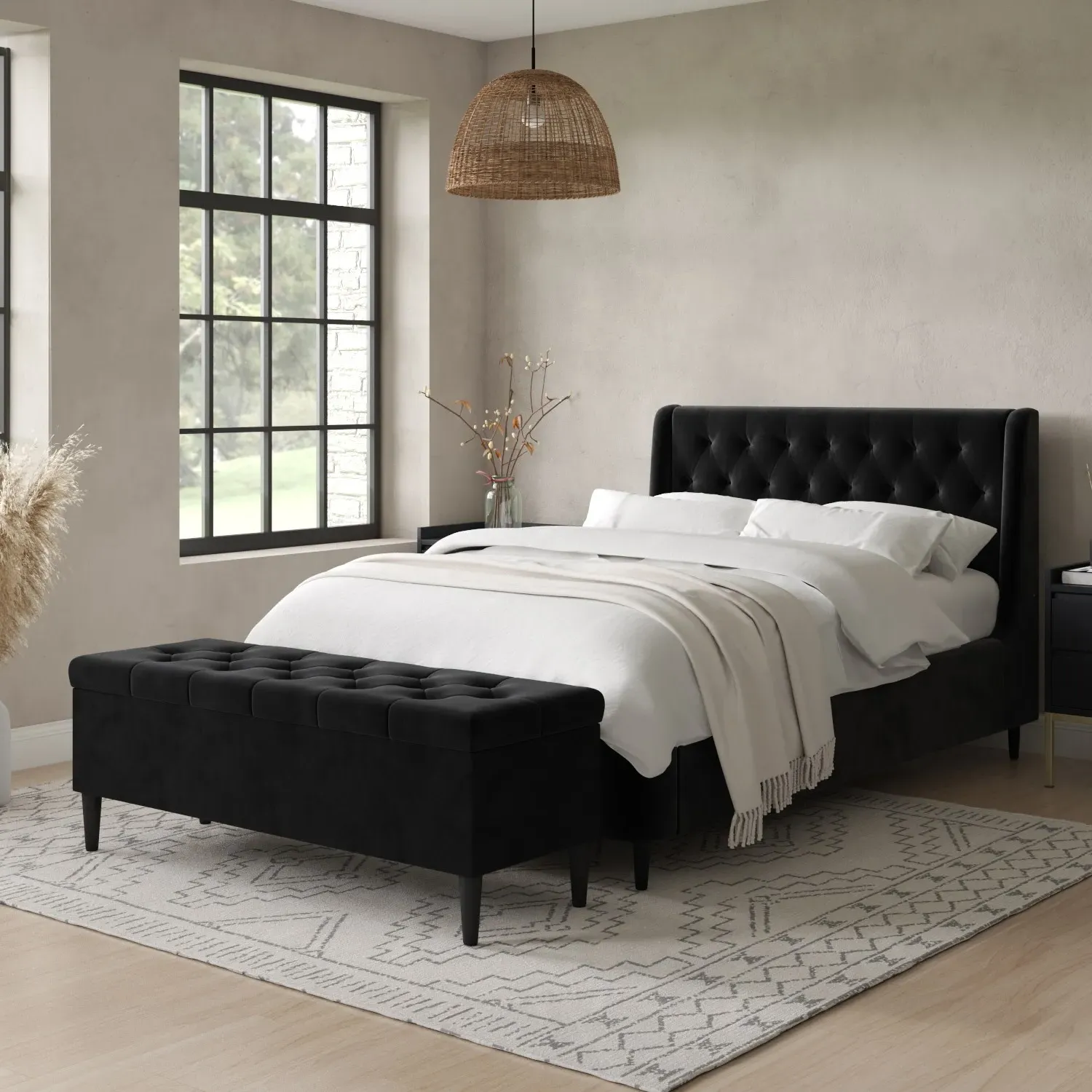 Storage Ottoman with Cushioned Top - Black, Velvet