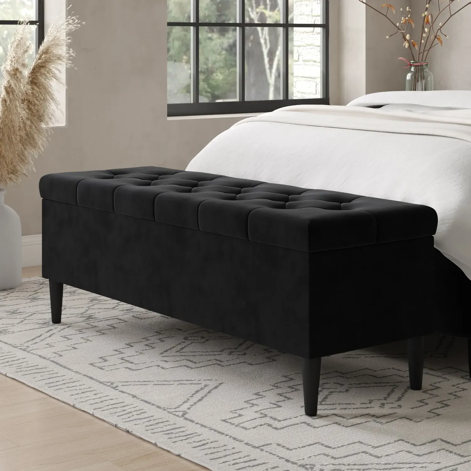 Storage Ottoman with Cushioned Top - Black, Velvet
