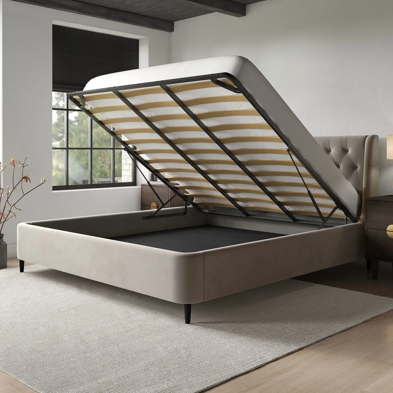 Super King Ottoman Bed with Storage - Beige, Velvet