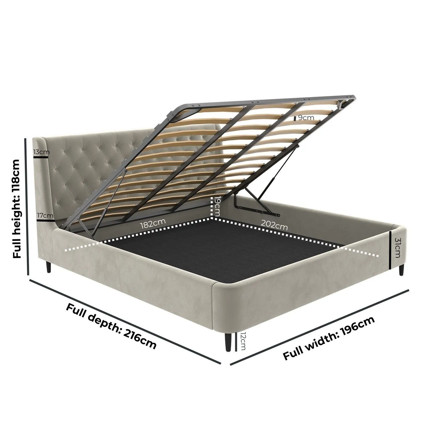 Super King Ottoman Bed with Storage - Beige, Velvet
