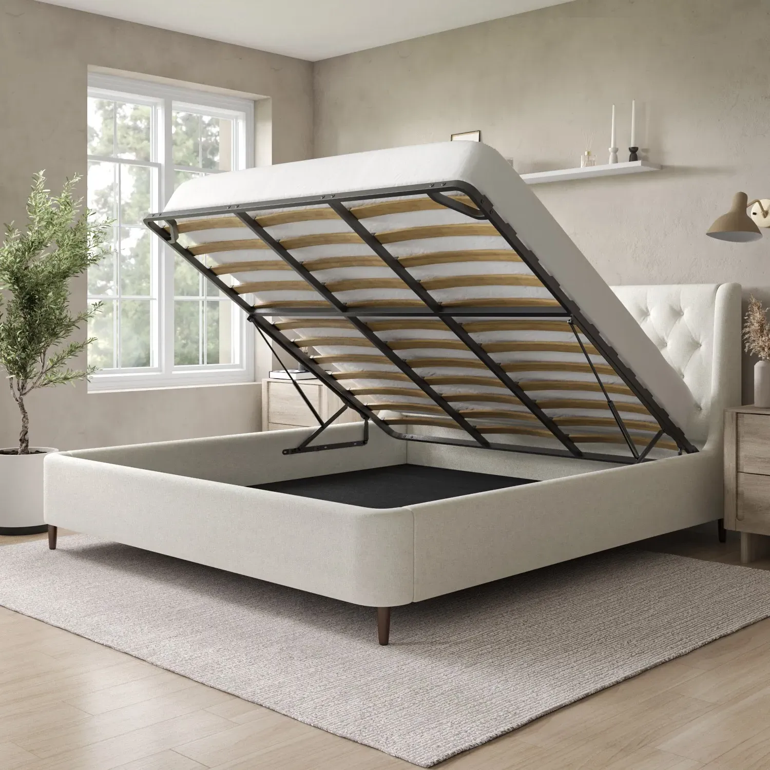 Super King Ottoman Bed with Storage - Cream, Fabric