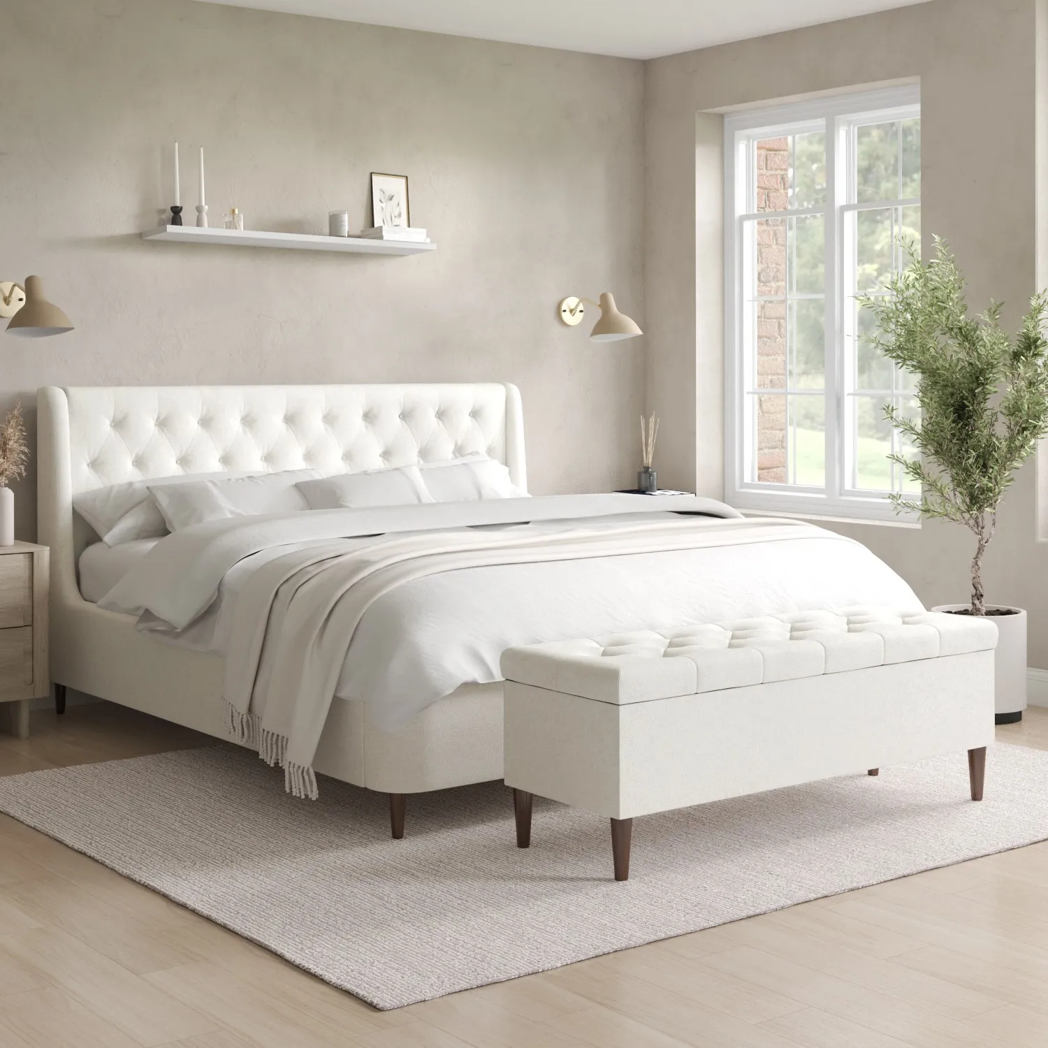 Super King Ottoman Bed with Storage - Cream, Fabric