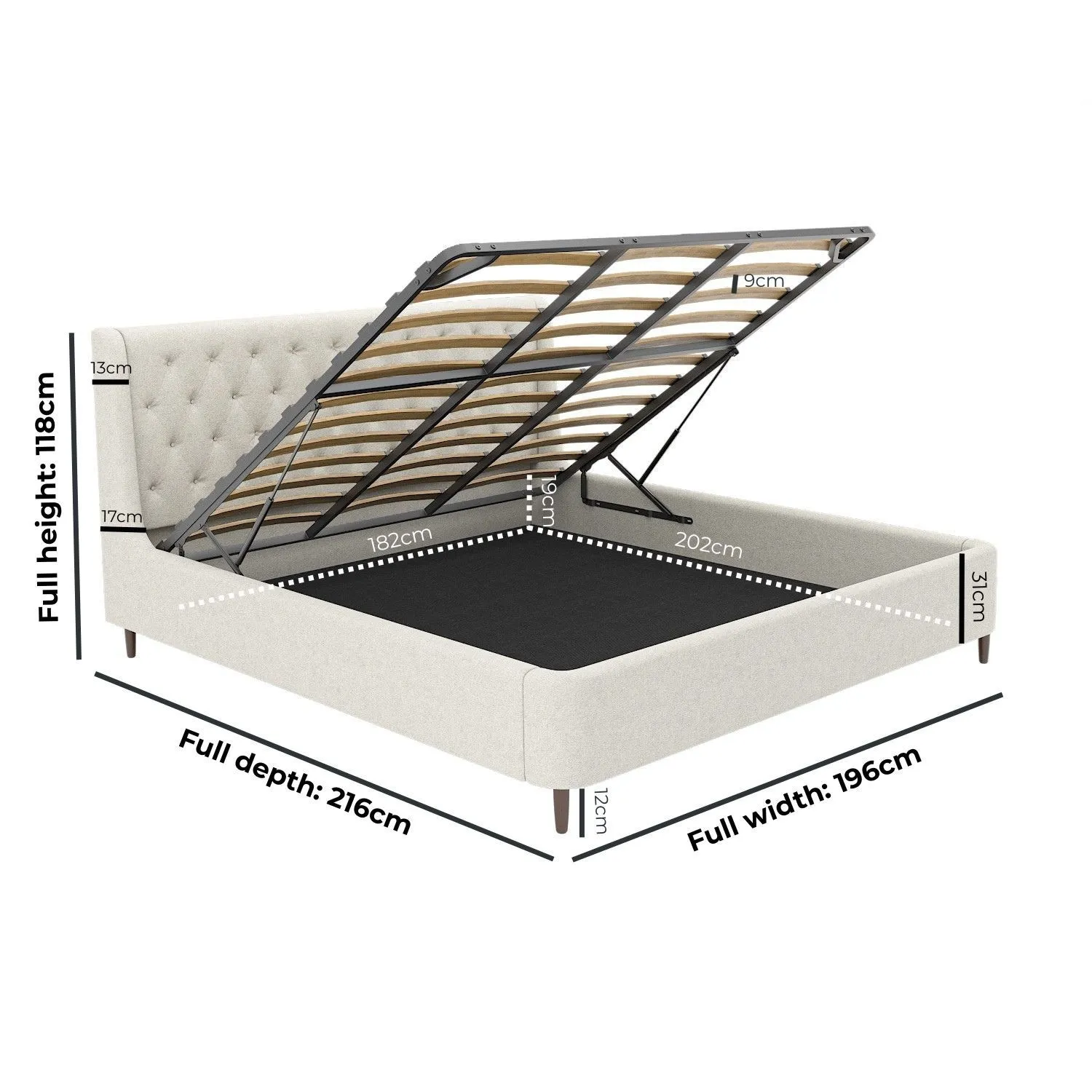 Super King Ottoman Bed with Storage - Cream, Fabric