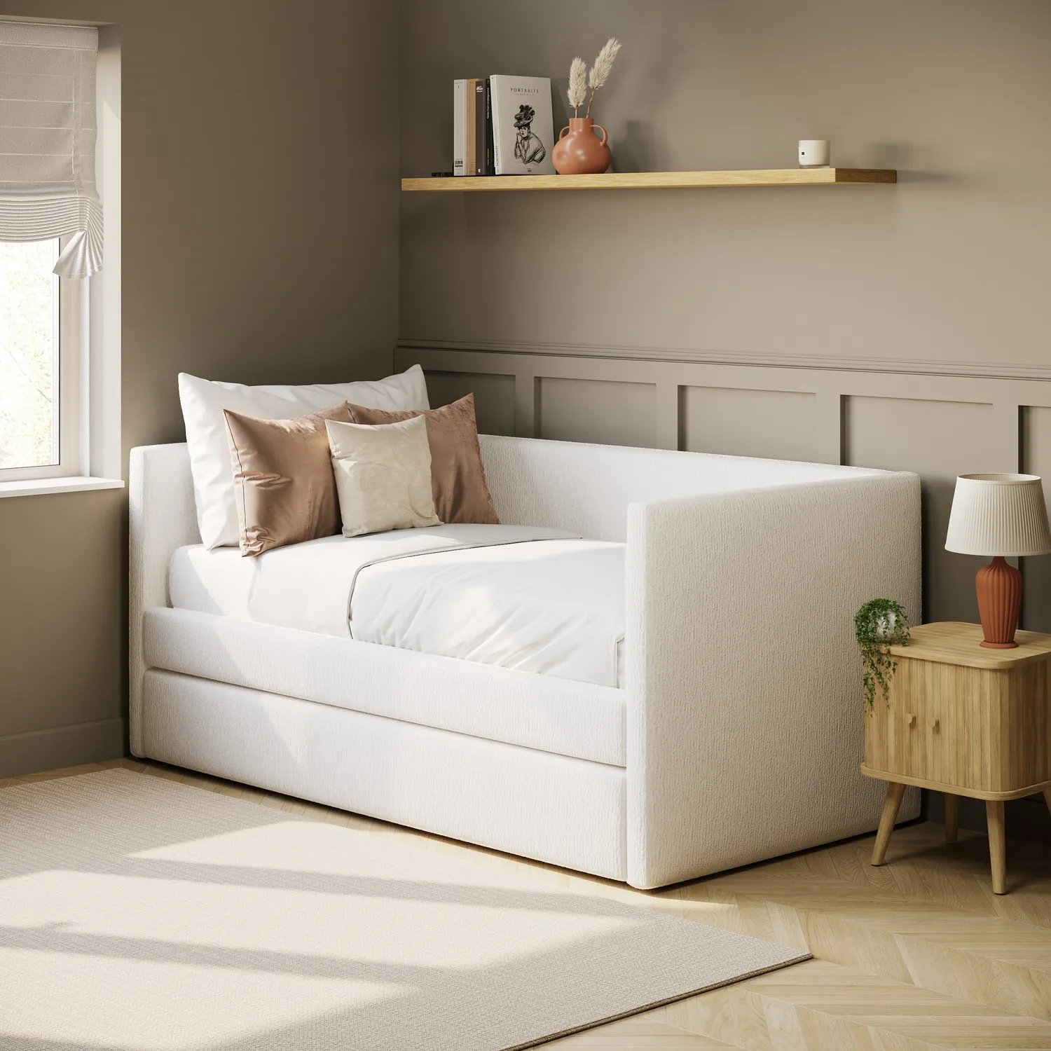 Single Day Bed with Pull Out Trundle - Cream, Fabric