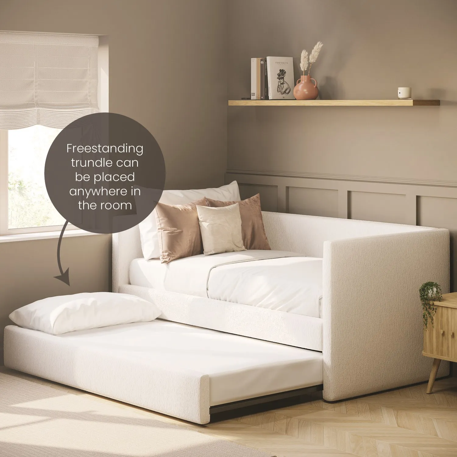 Single Day Bed with Pull Out Trundle - Cream, Fabric