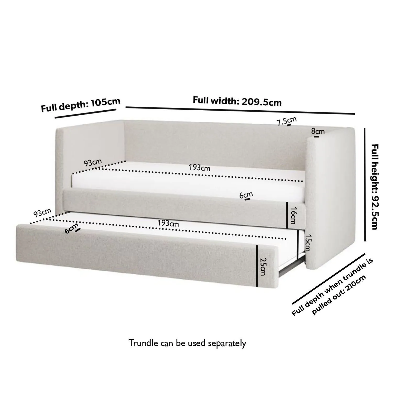Single Day Bed with Pull Out Trundle - Cream, Fabric