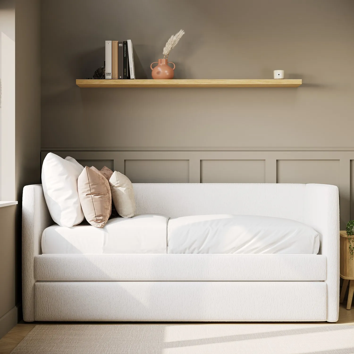 Single Day Bed with Pull Out Trundle - Cream, Fabric