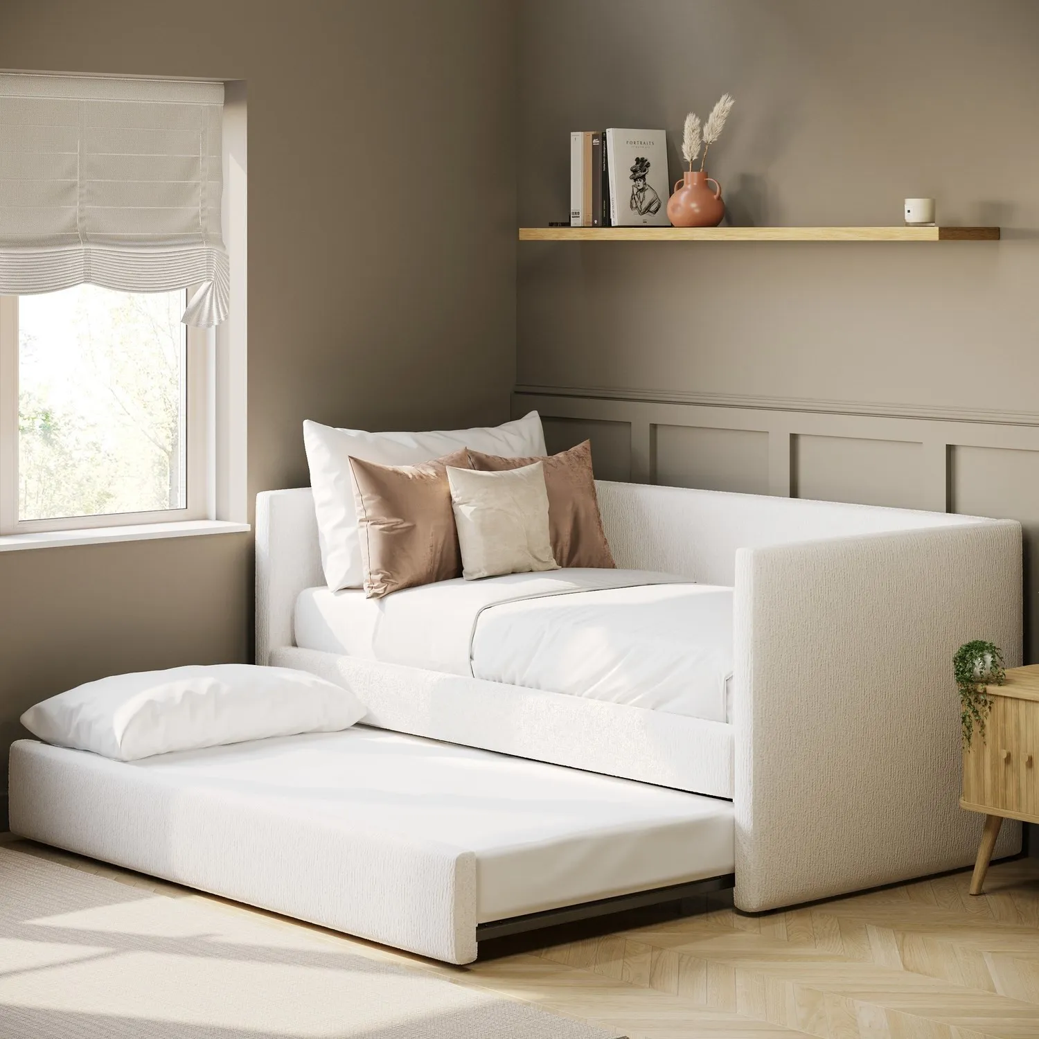 Single Day Bed with Pull Out Trundle - Cream, Fabric image