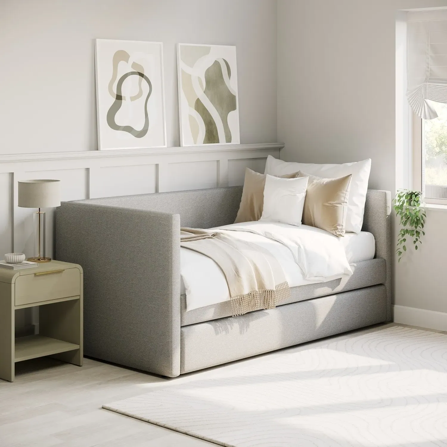 Single Day Bed with Pull Out Trundle - Grey, Chenille