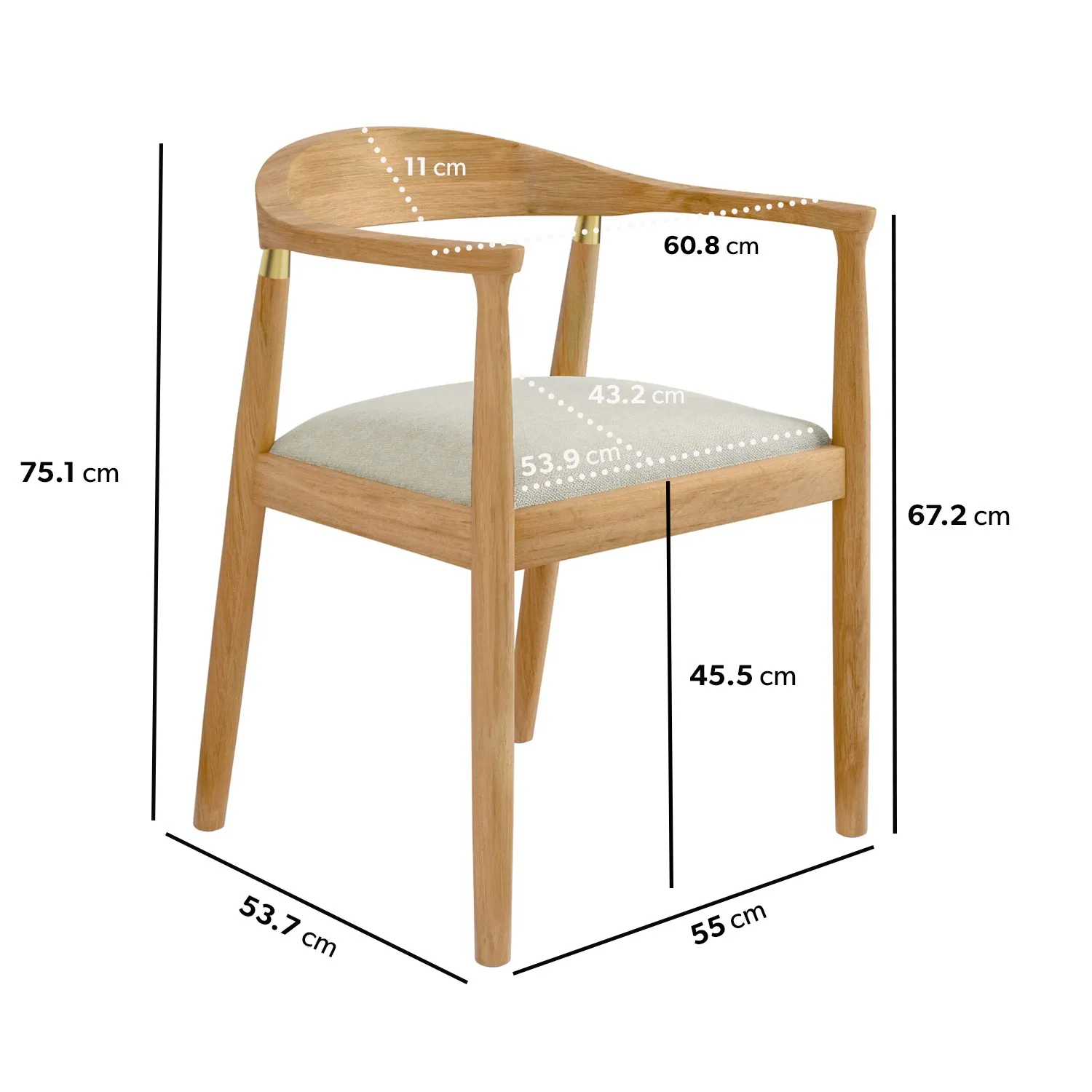 Carver Dining Chair with Brass Detail - Brown, Oak