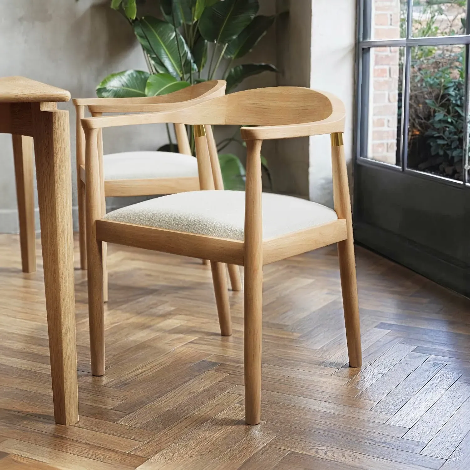 Carver Dining Chair with Brass Detail - Brown, Oak image