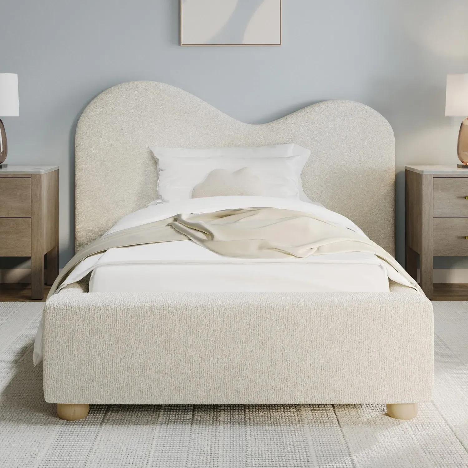 Single Ottoman Bed with Curved Headboard - Cream