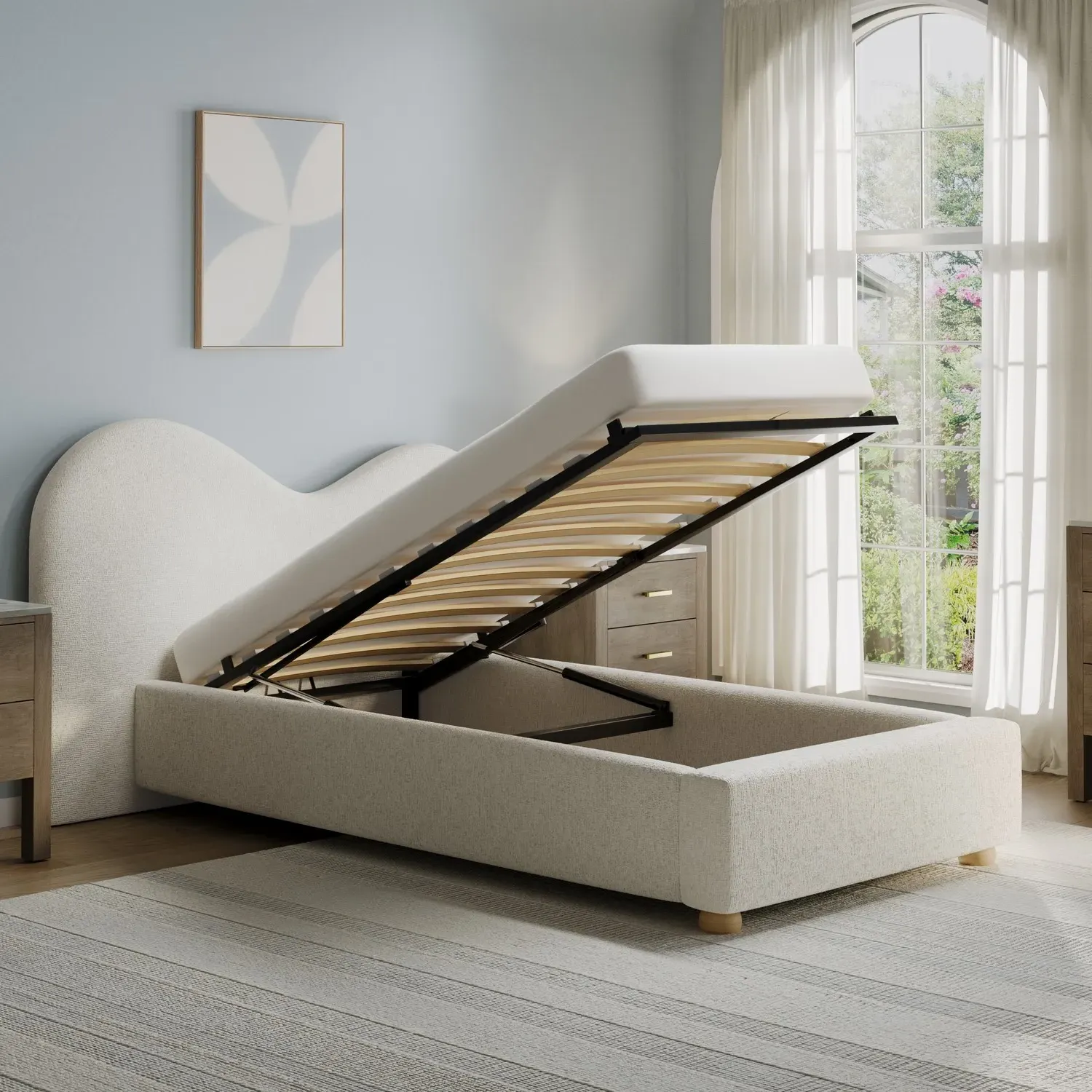 Single Ottoman Bed with Curved Headboard - Cream