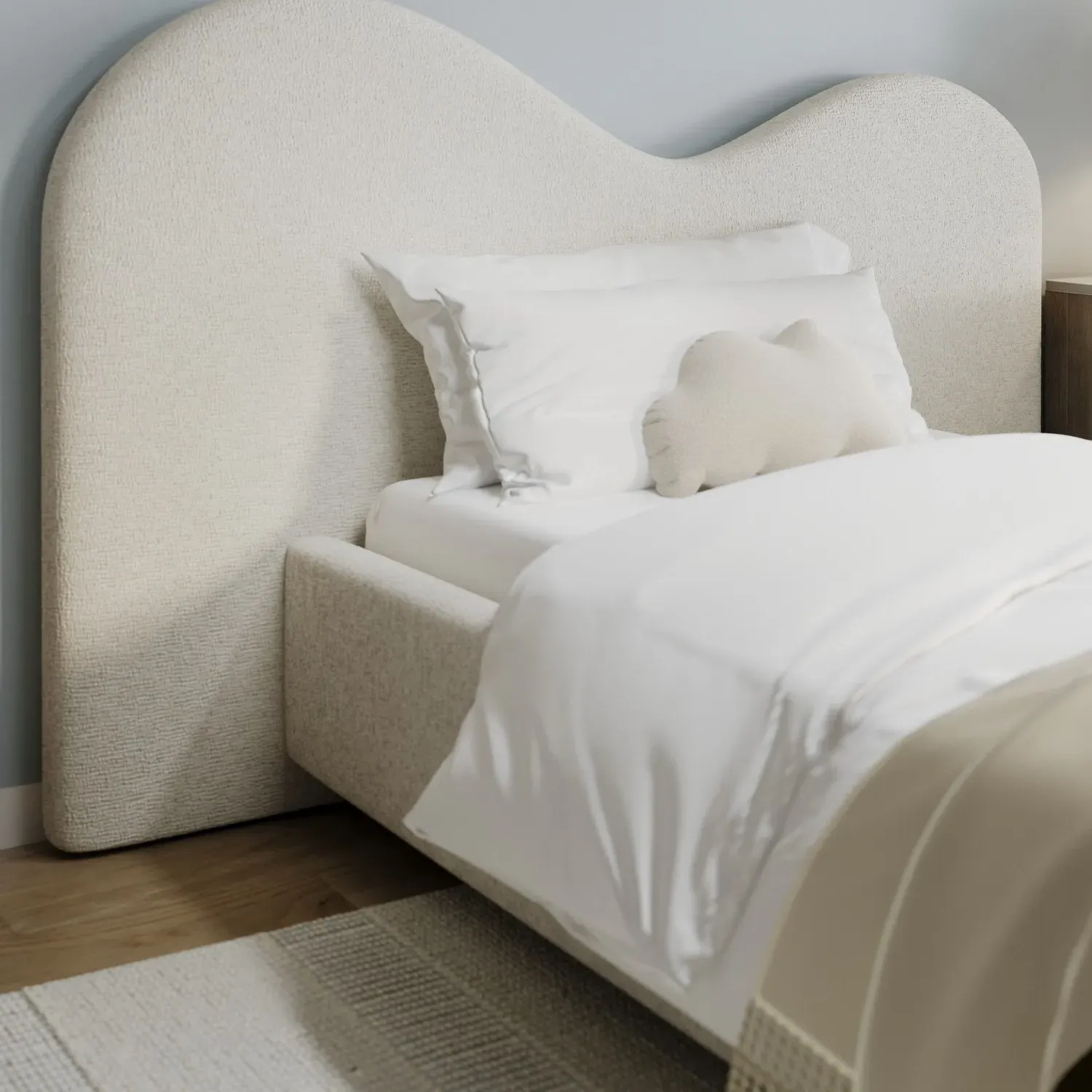Single Ottoman Bed with Curved Headboard - Cream