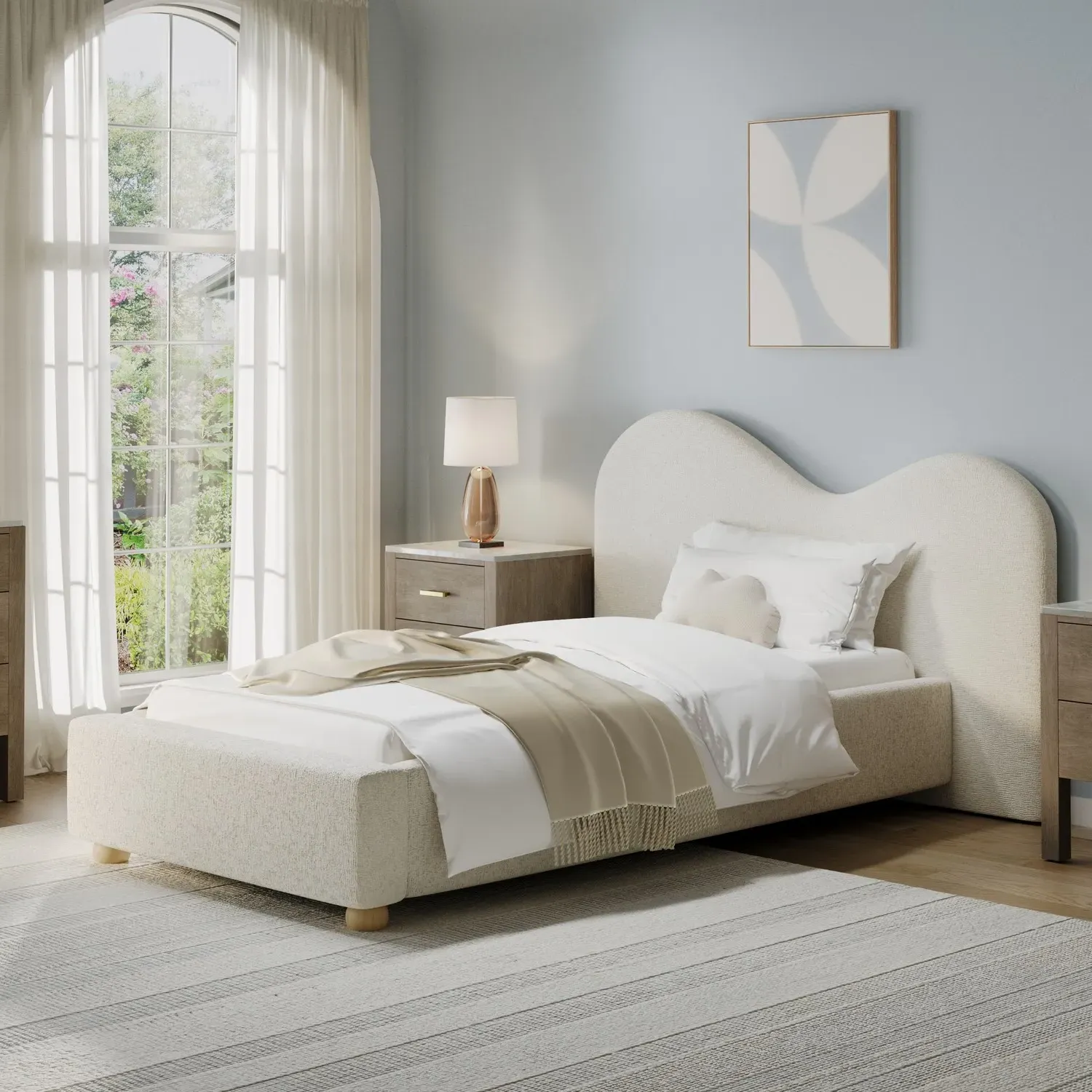 Single Ottoman Bed with Curved Headboard - Cream image