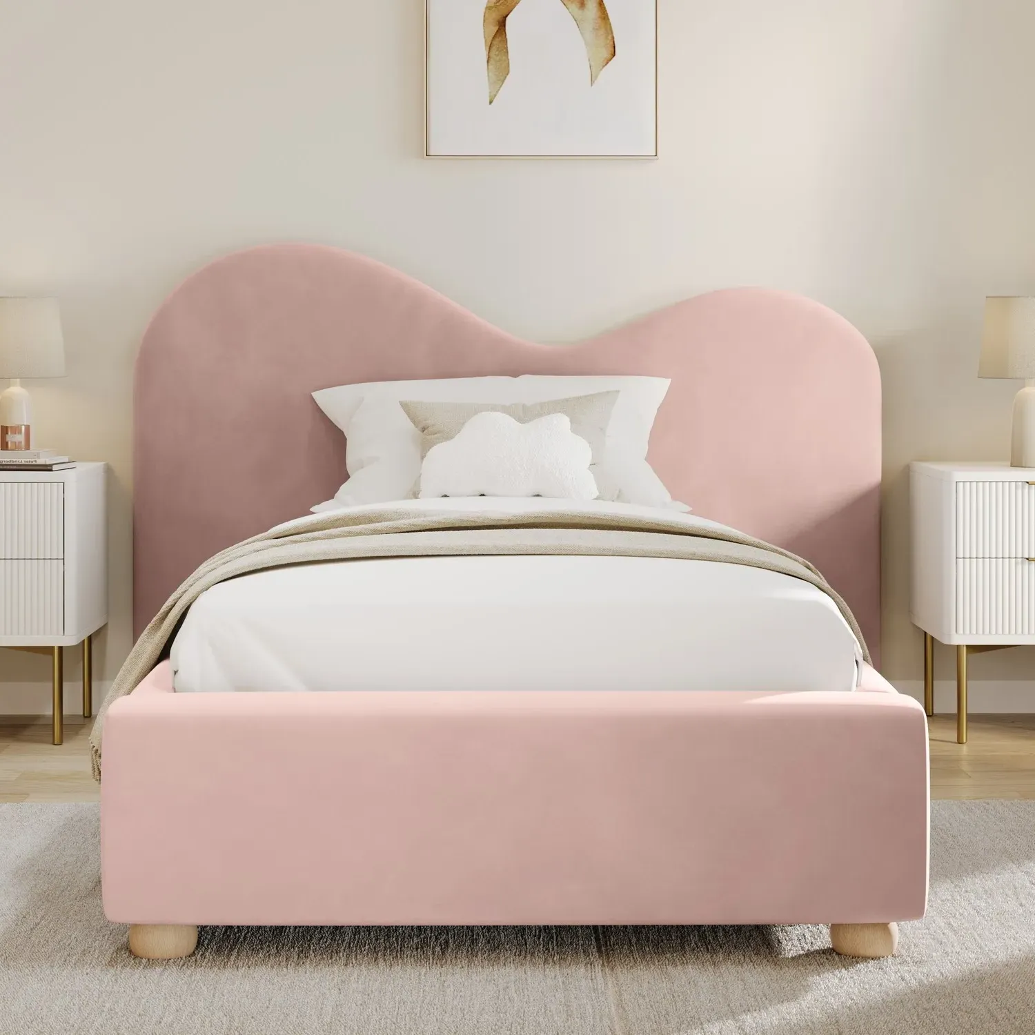 Single Ottoman Bed with Curved Headboard - Pink, Velvet