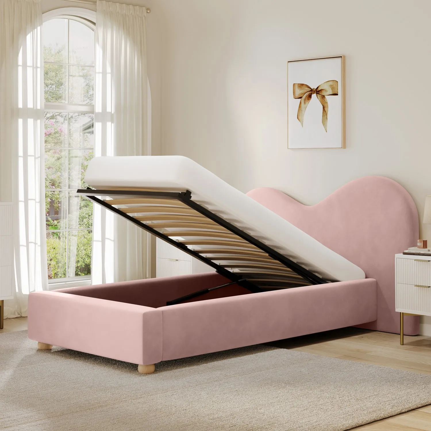 Single Ottoman Bed with Curved Headboard - Pink, Velvet