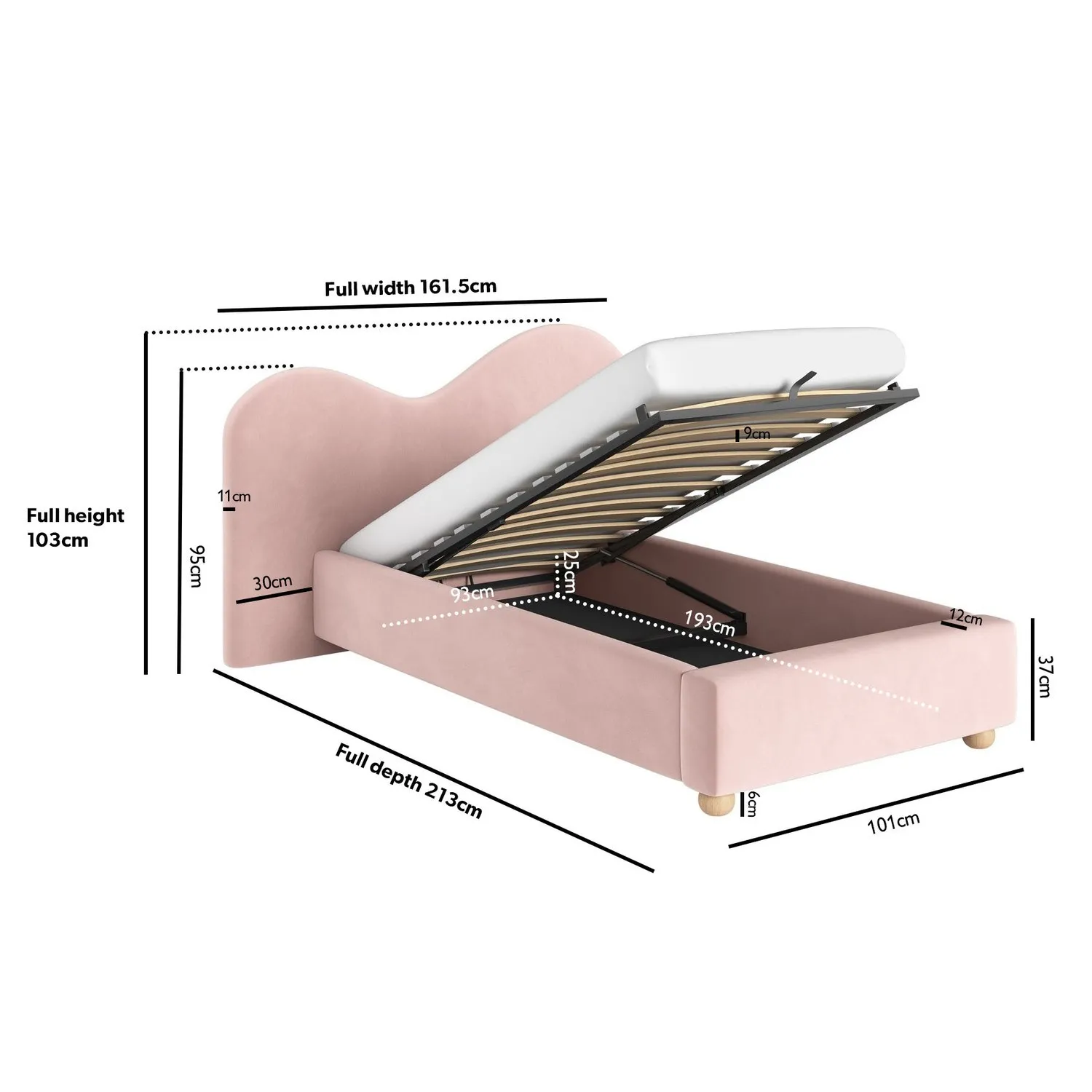 Single Ottoman Bed with Curved Headboard - Pink, Velvet