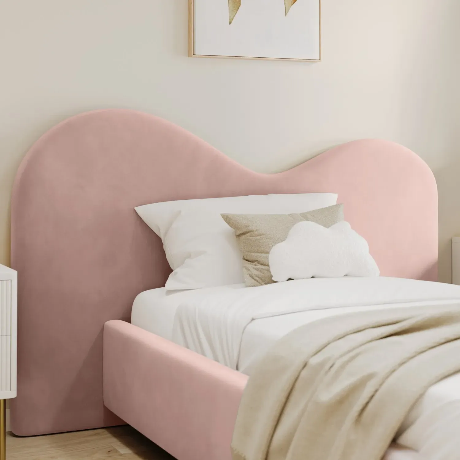 Single Ottoman Bed with Curved Headboard - Pink, Velvet