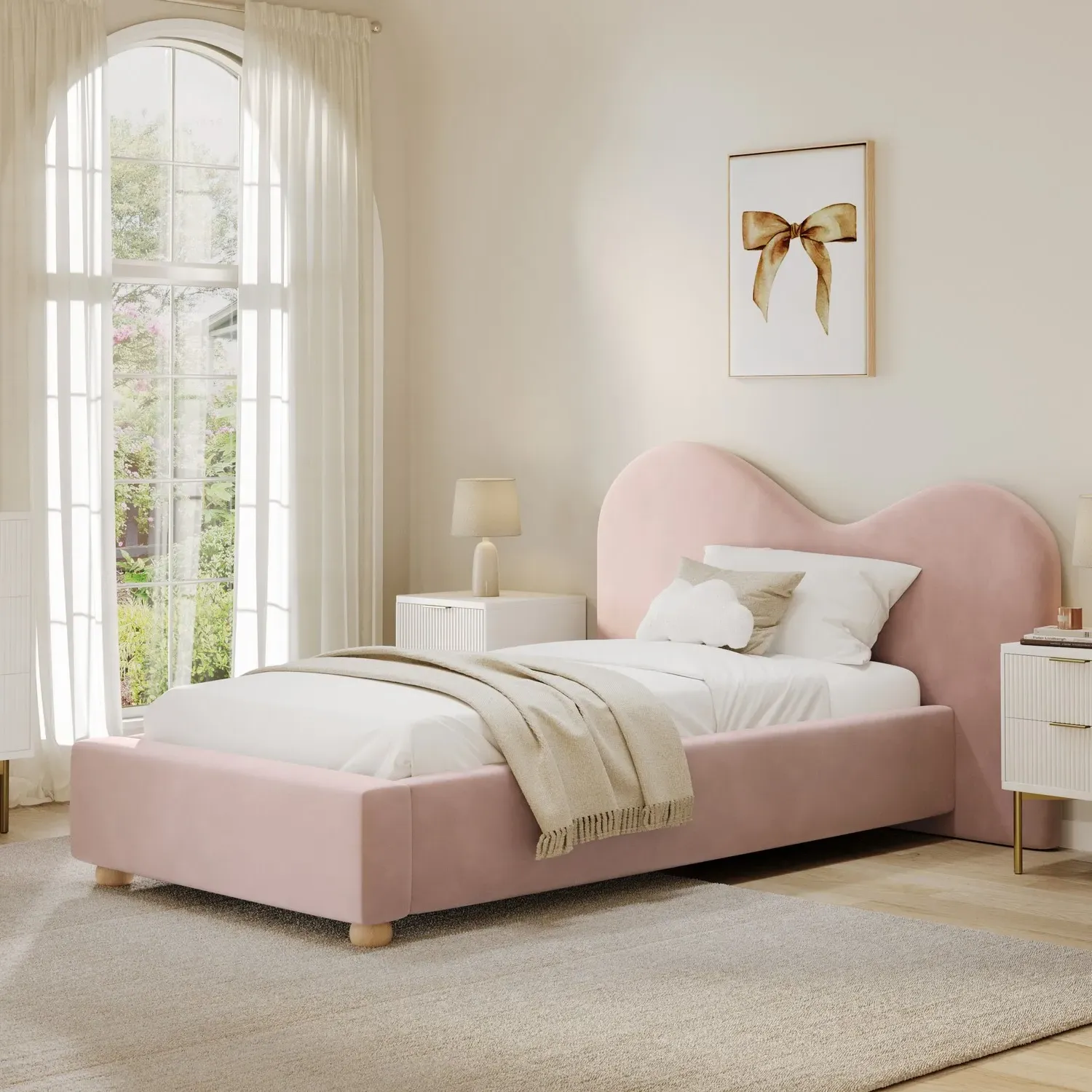Single Ottoman Bed with Curved Headboard - Pink, Velvet image