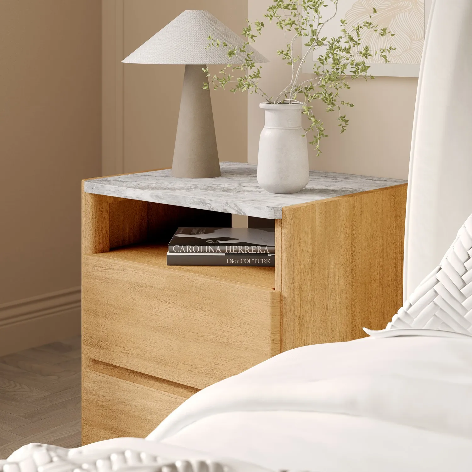 2-Drawer Bedside Table with Marble Top - Wood, Acacia