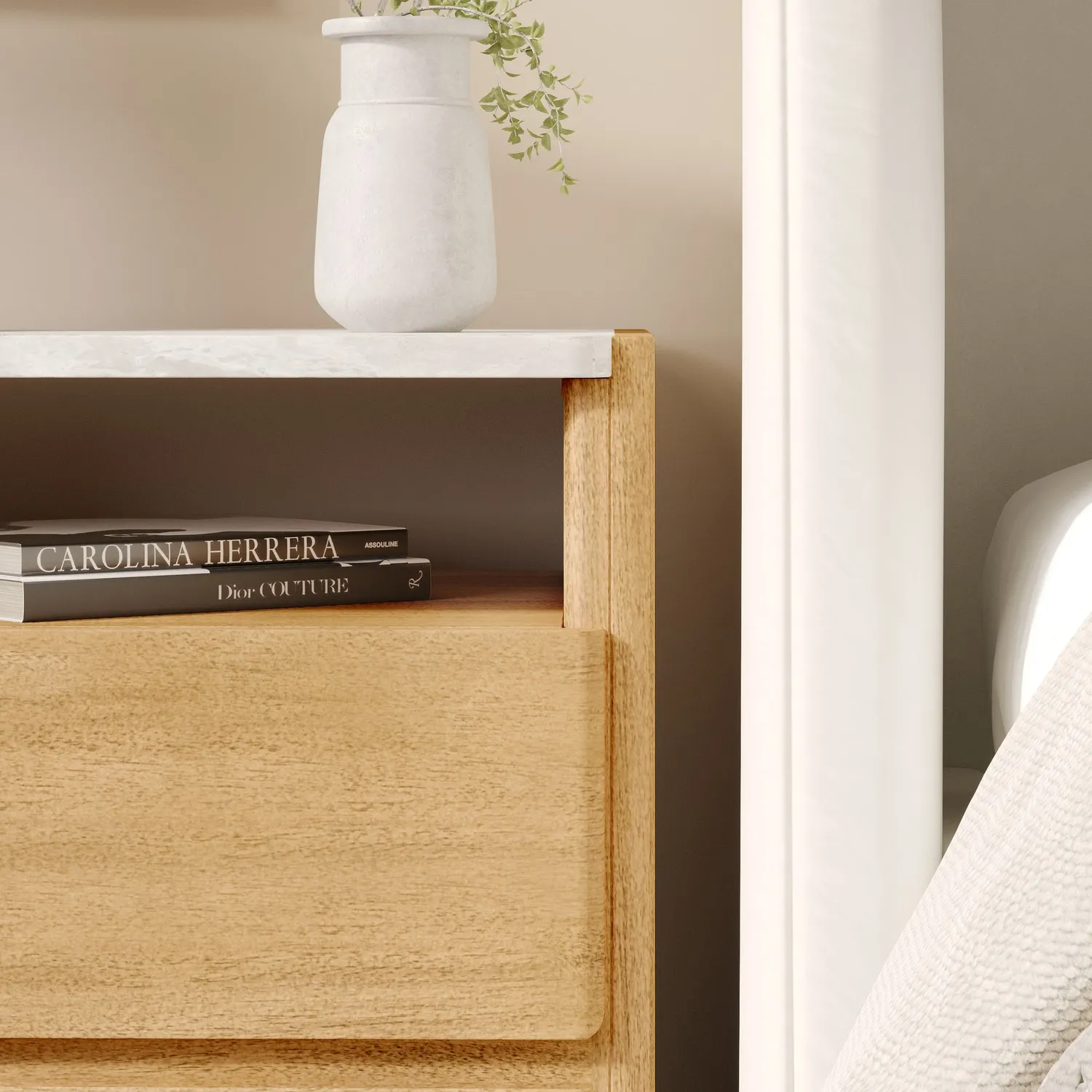 2-Drawer Bedside Table with Marble Top - Wood, Acacia