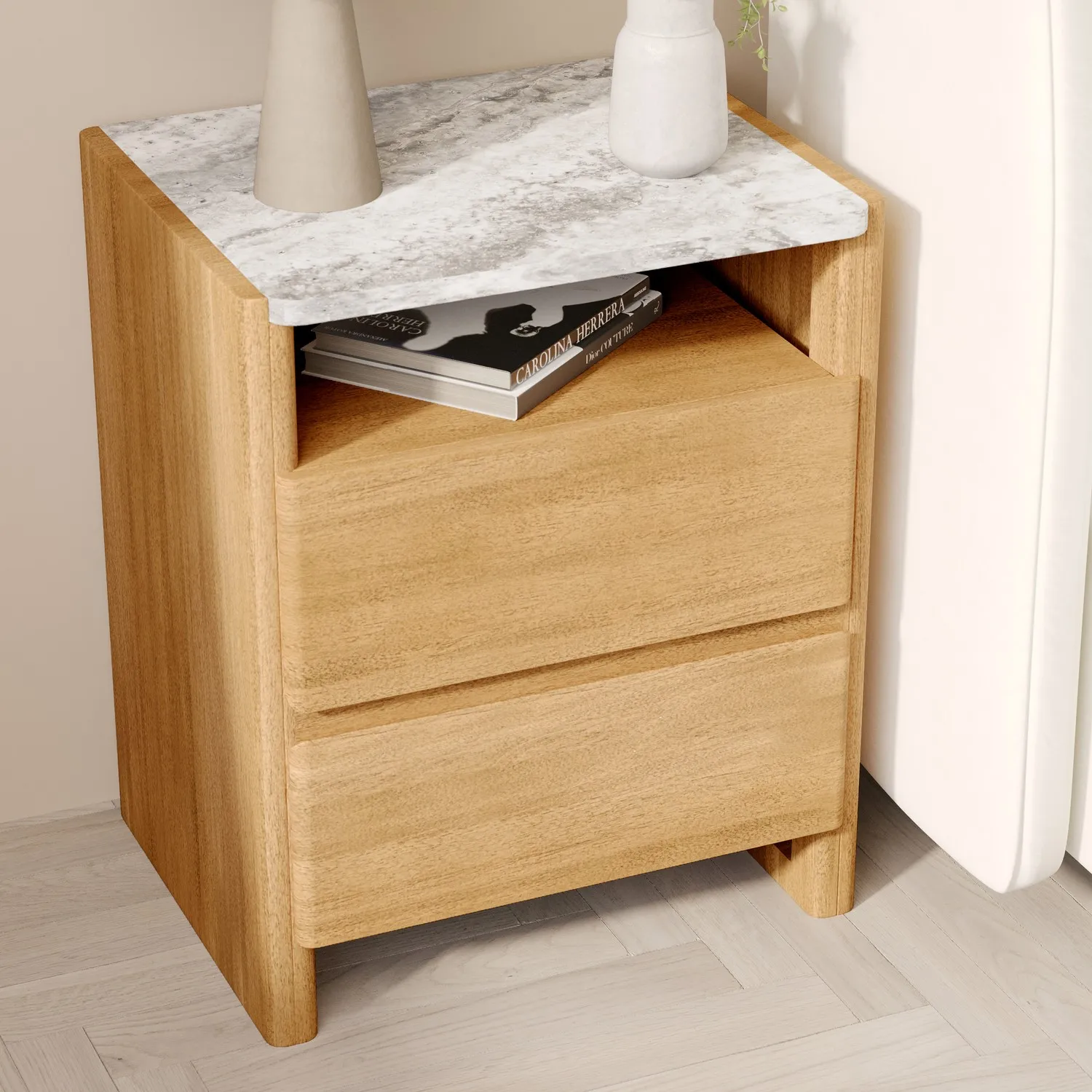 2-Drawer Bedside Table with Marble Top - Wood, Acacia