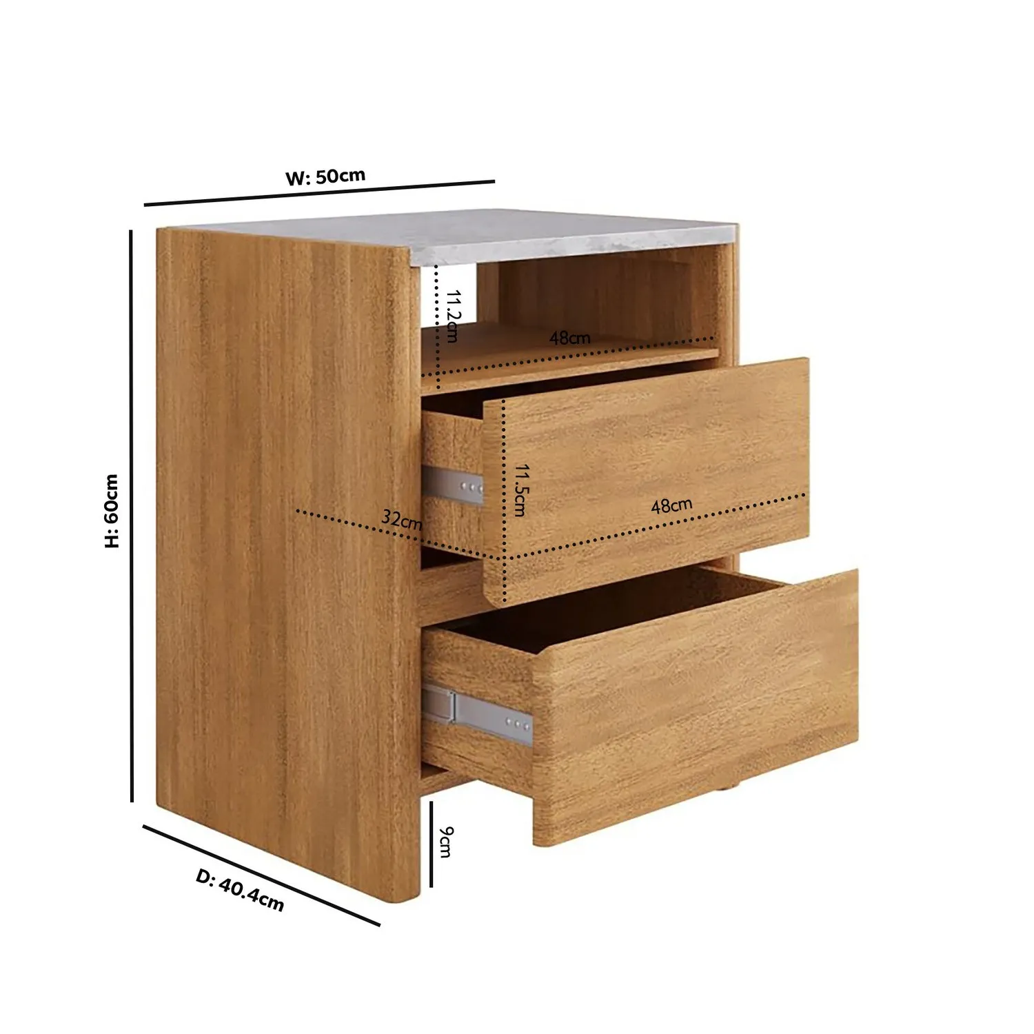 2-Drawer Bedside Table with Marble Top - Wood, Acacia
