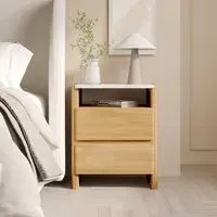 2-Drawer Bedside Table with Marble Top - Wood, Acacia