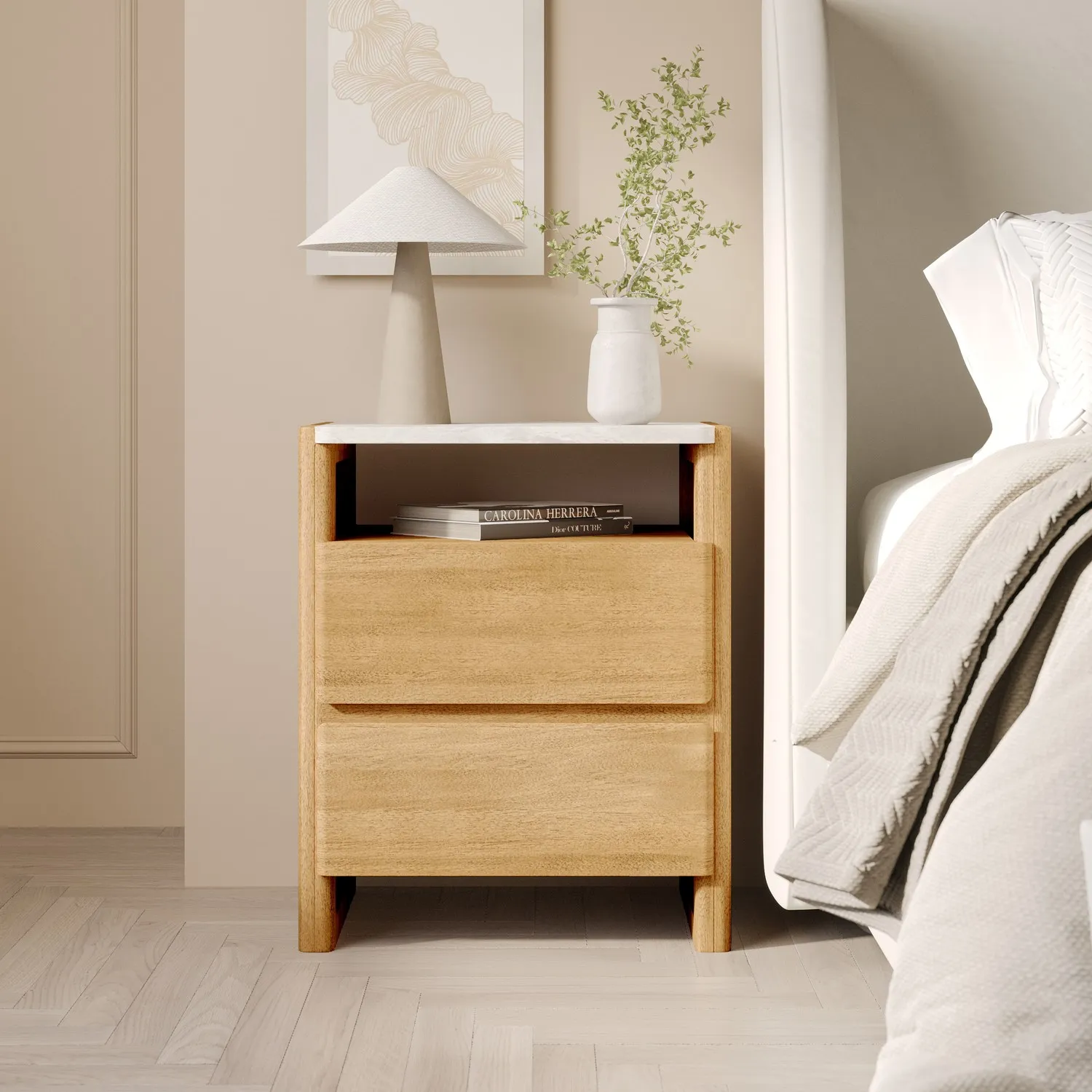 2-Drawer Bedside Table with Marble Top - Wood, Acacia image