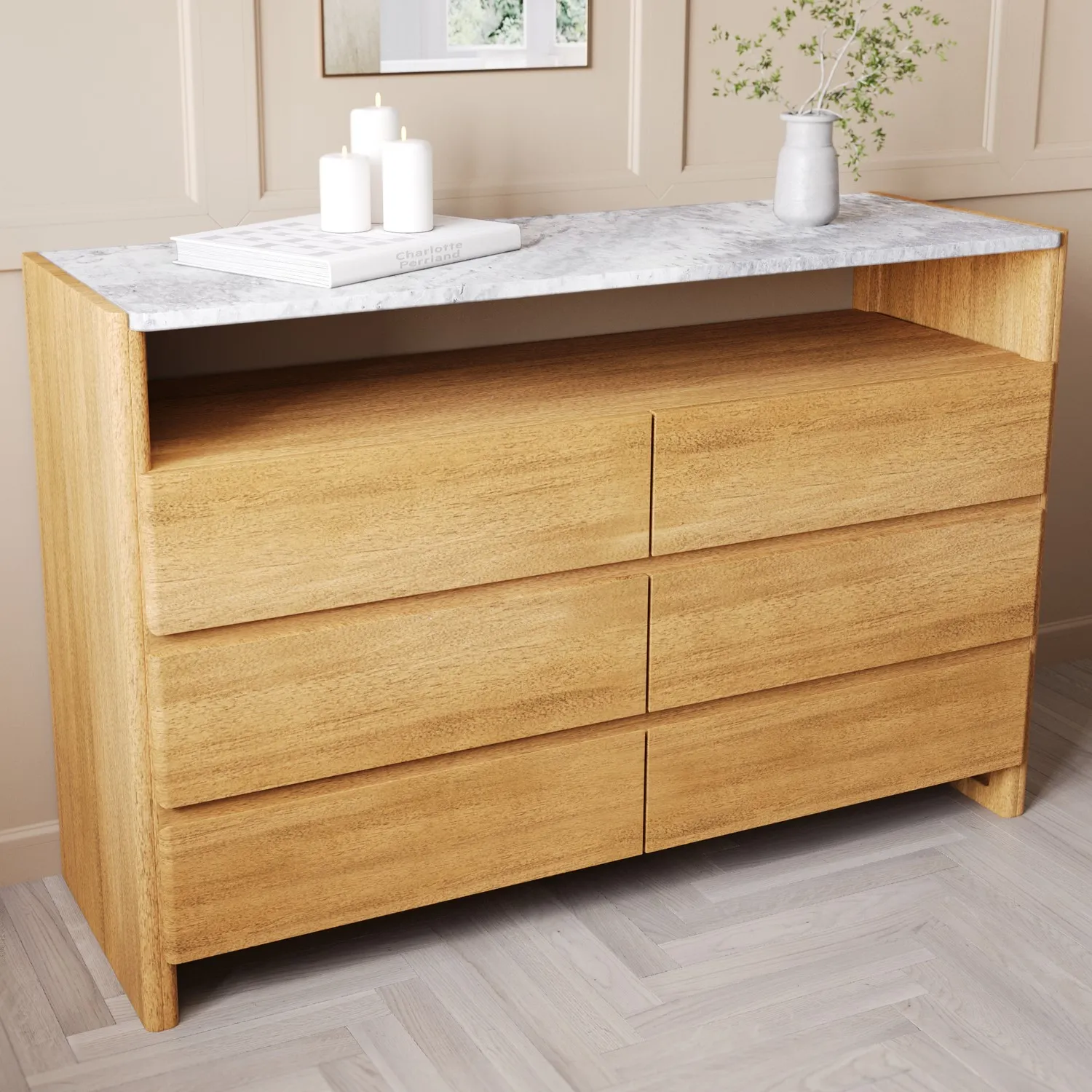 6-Drawer Chest with Marble Top - Wood, Acacia