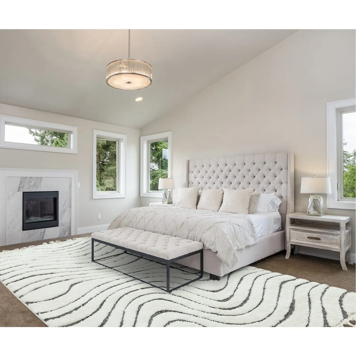 Abstract Rug with Fringed Edging - Cream, Polypropylene