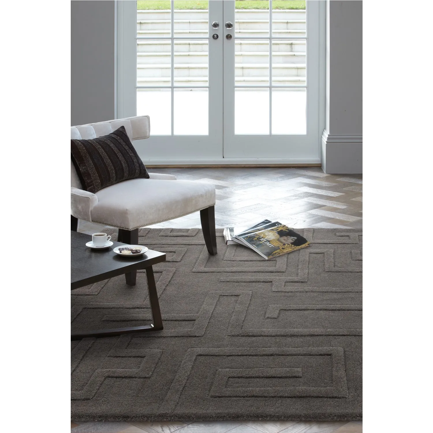 Hand Carved Geometric Rug - Grey, Wool