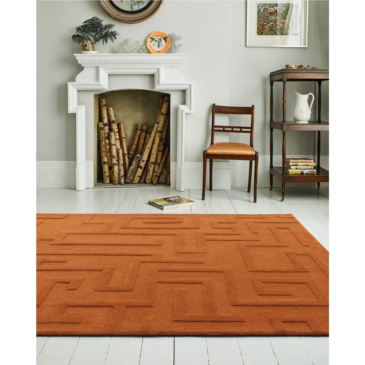 Hand Carved Geometric Rug - Orange, Wool