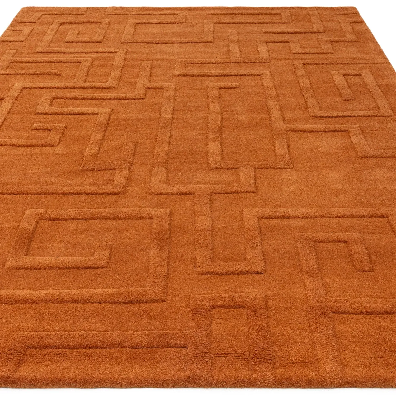 Hand Carved Geometric Rug - Orange, Wool