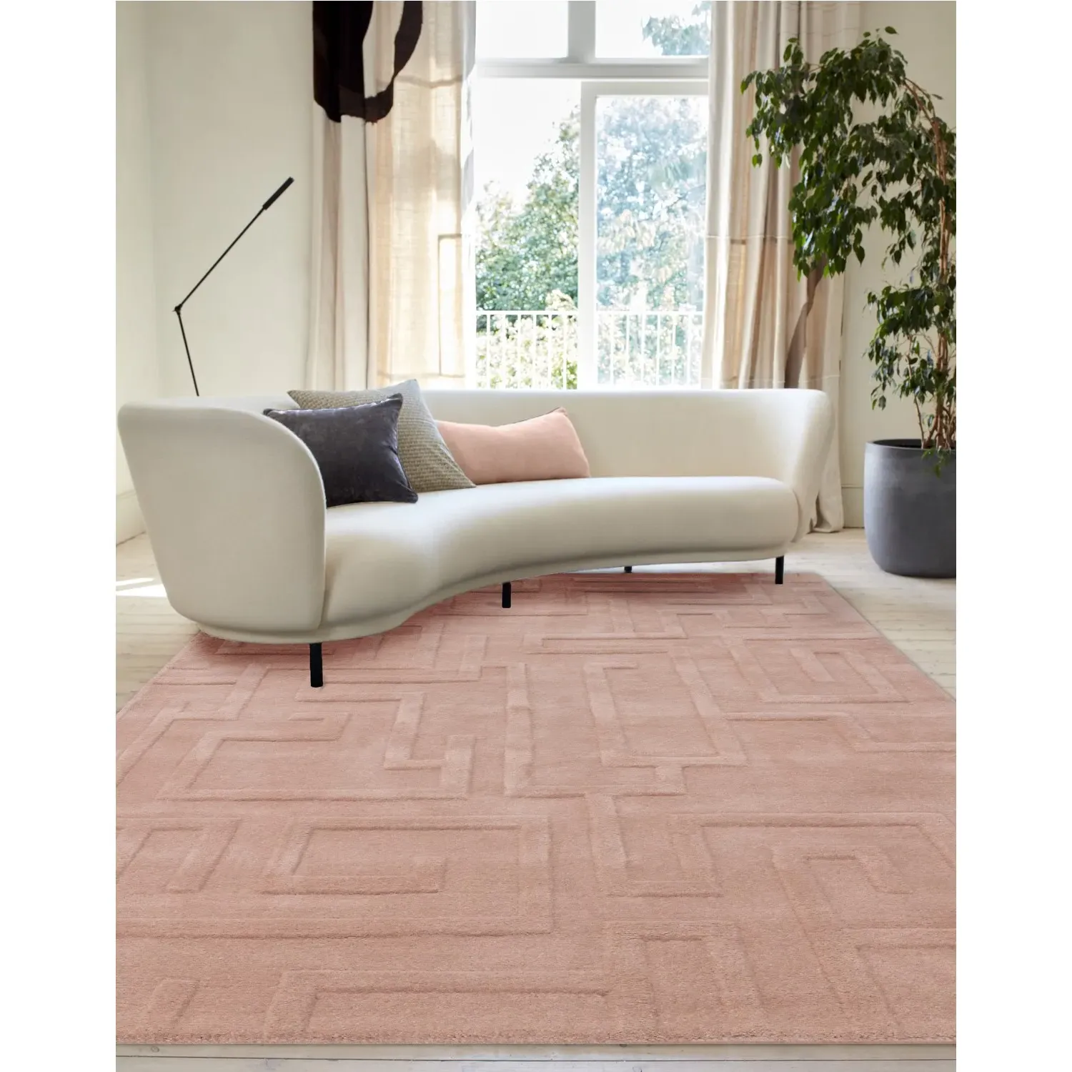 Hand Carved Geometric Rug - Pink, Wool