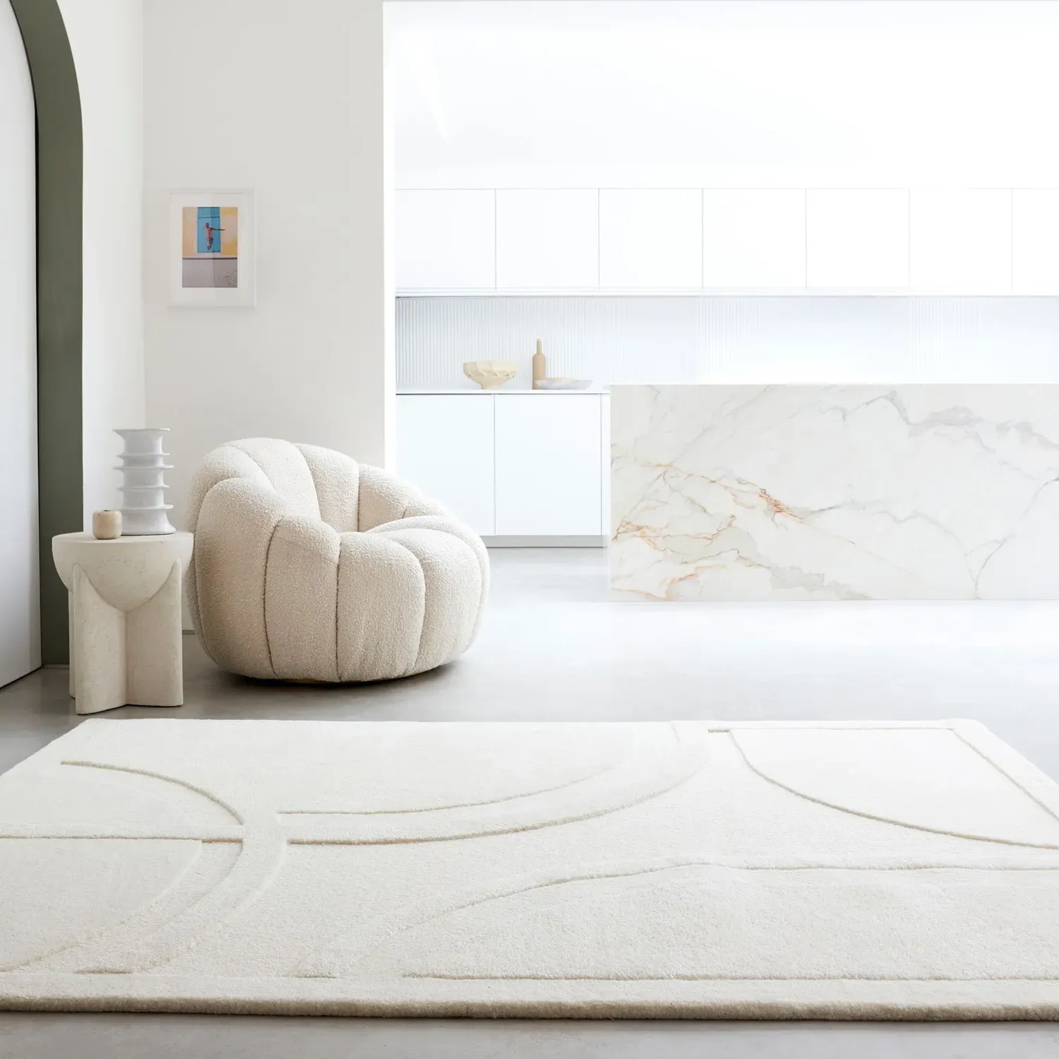 Hand Carved Rug Movement Pattern - Cream, Wool